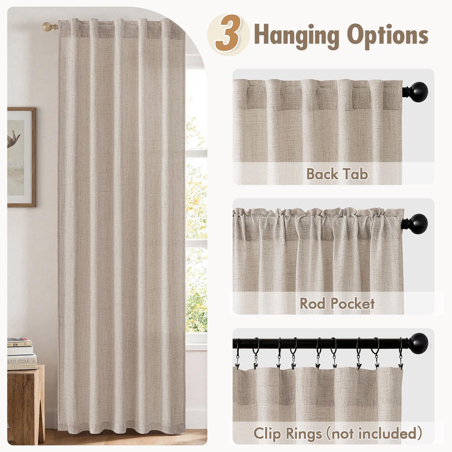 MIULEE Faux Linen Curtains 84 Inch Length 2 Panels Natural Semi Sheer Curtain with Back Tab Rod Pocket, Light Filtering Window Privacy Burlap Drapes for Living Room Bedroom 42W x 84L Linen