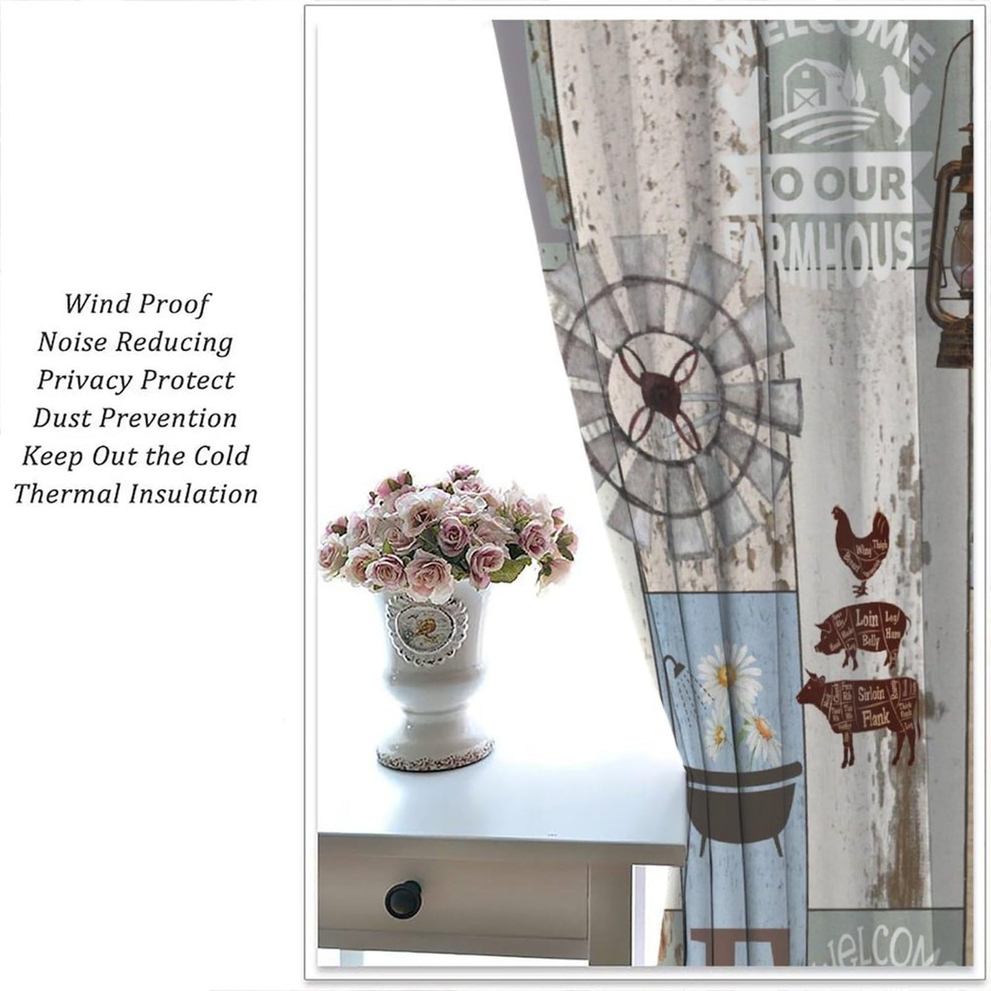wlsgdsg Rustic Curtains,Retro Rustic Farmhouse Animal Barn Door Windmill Daisy Window Treatments Curtains Cafe Bedroom Office Dining Room Living Room Kitchen Drapes, 42x45 in