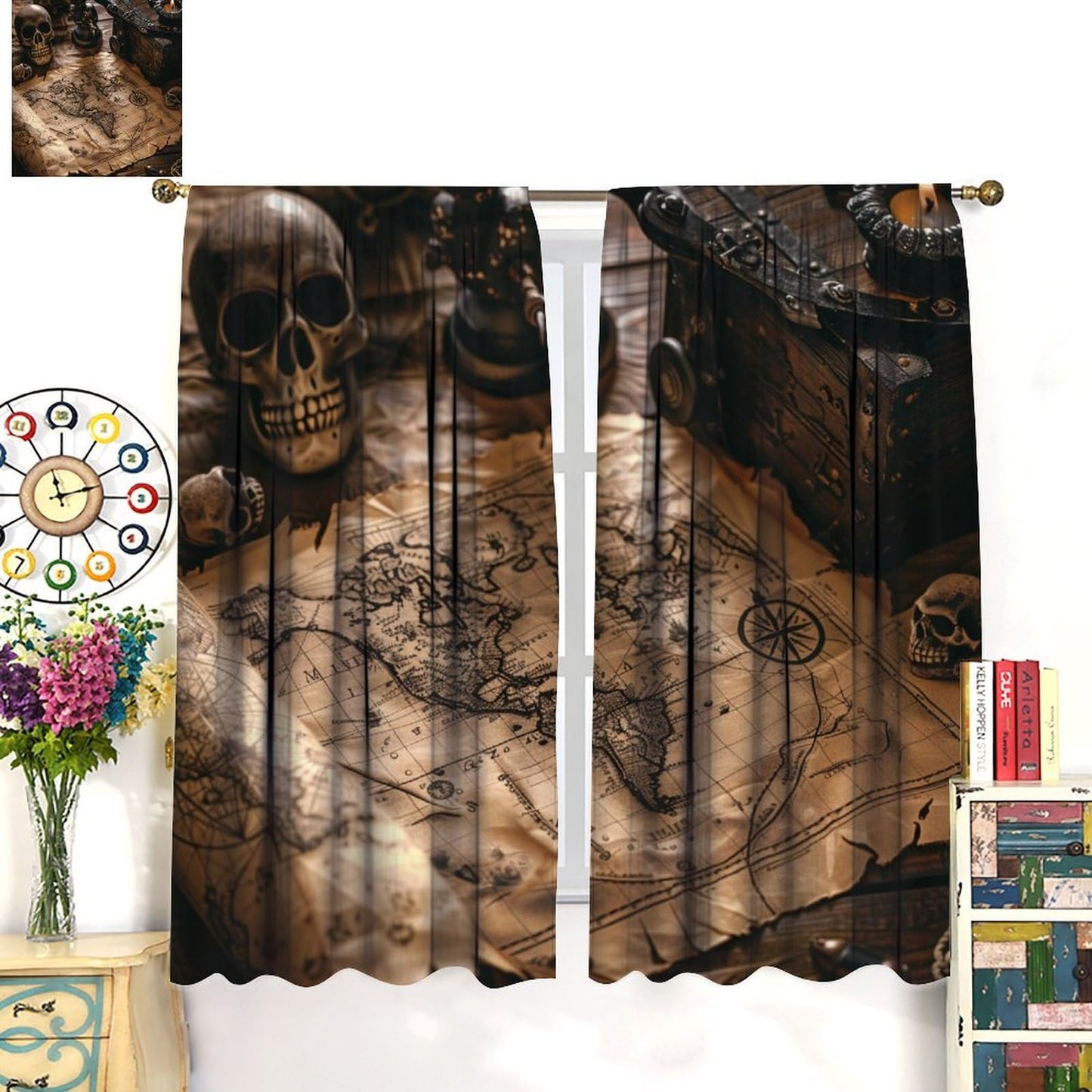 HDESDIS Mystical Pirate Treasure Blackout Curtains for Bedroom, Grommet Drapes Thermal Insulated Room Darkening Retro Skeleton Nautical Map Curtains, 21W x 45L, 2 Panels