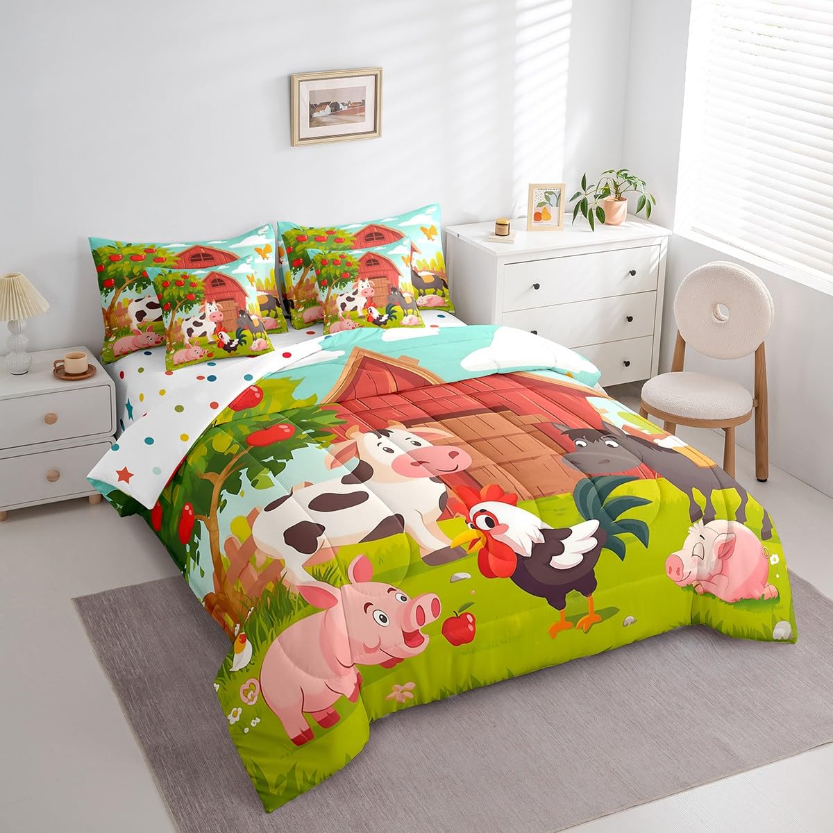 Feelyou Kids Cute Pig Cow Bed in A Bag Twin Size, Farm Animal 7 Pieces Bedding Set Boys Girls Cartoon Farm Nursery Comforter Set with Sheets Rustic Farmhouse Teens Bed Set Bedroom Decor 7Pcs