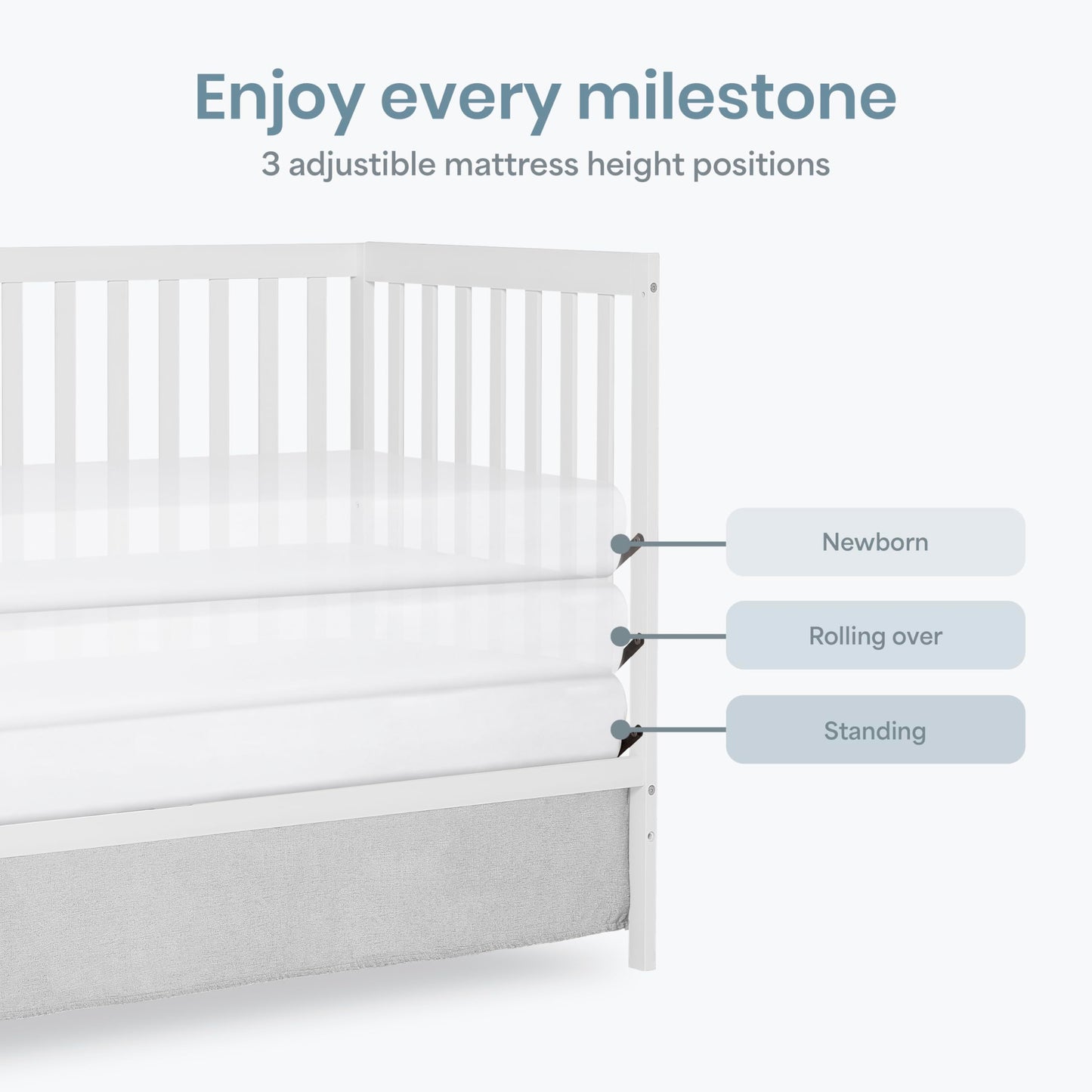 Dream On Me Synergy 5-in-1 Convertible Full-Size Baby Crib with Toddler, Day & Full Bed Conversion in White, GreenGuard Gold & BSA, 3 Mattress Heights, Sustainable Pinewood