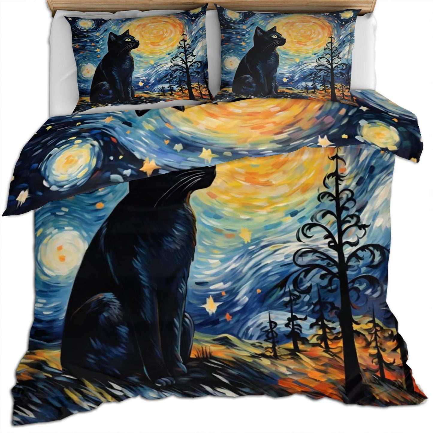 Cat Print Duvet Cover Queen Size - Mysterious Cat Home Decor & Gifts, 3 Piece Back to School Dorm Bedding, Easy Care Microfiber Comforter Cover & Pillowcases, Starry Night Blue
