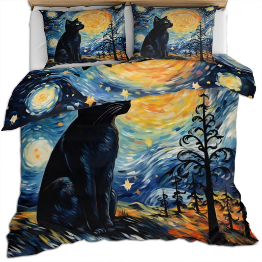 Cat Print Duvet Cover Queen Size - Mysterious Cat Home Decor & Gifts, 3 Piece Back to School Dorm Bedding, Easy Care Microfiber Comforter Cover & Pillowcases, Starry Night Blue
