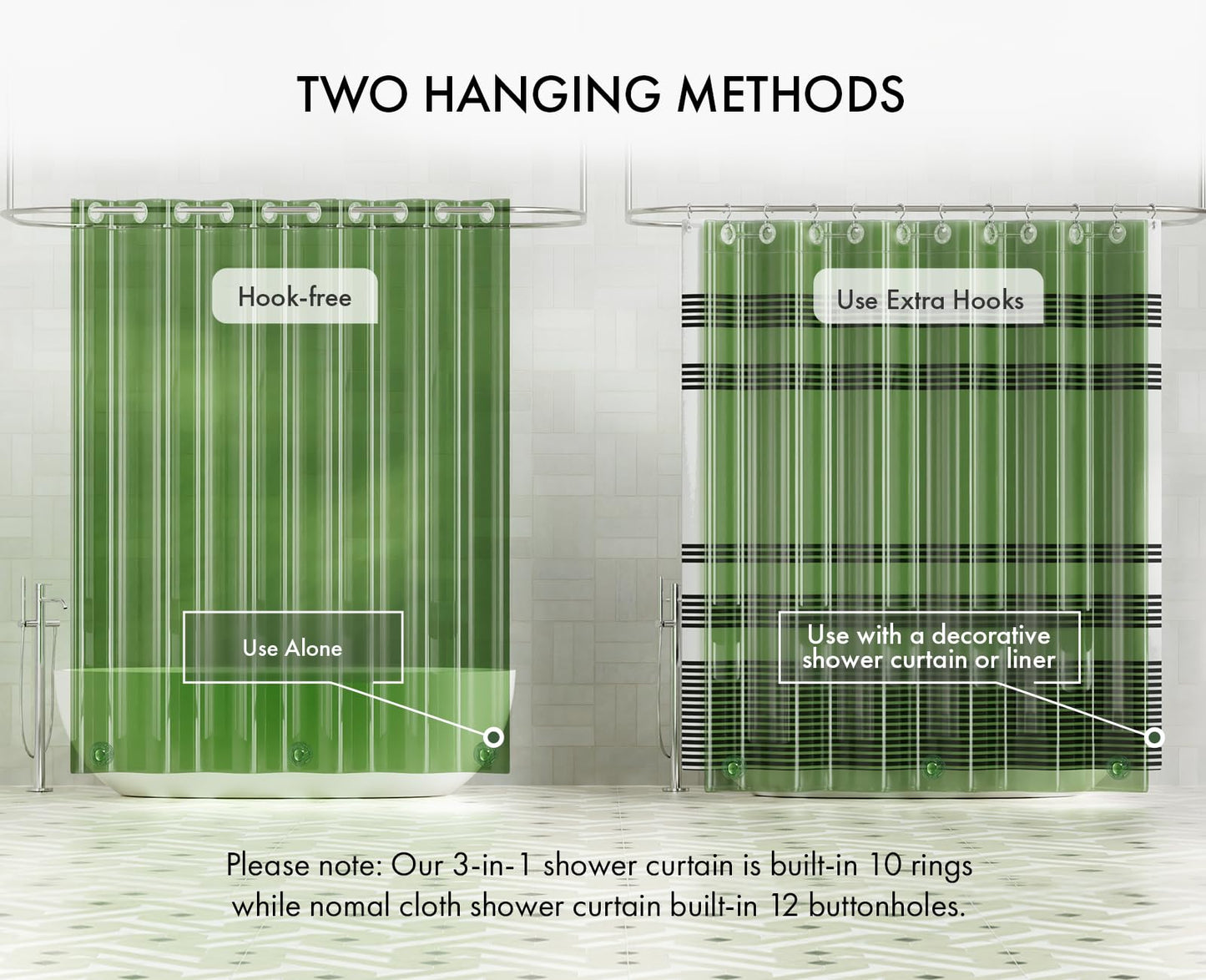 AmazerBath No Hook Shower Curtain Liner, 100% EVA Heavy Duty Hookless Shower Curtain and Liner 3-in-1, 72x75 Luxury Soft Shower Liner with 3 Heavyweight Stones, Clear Green