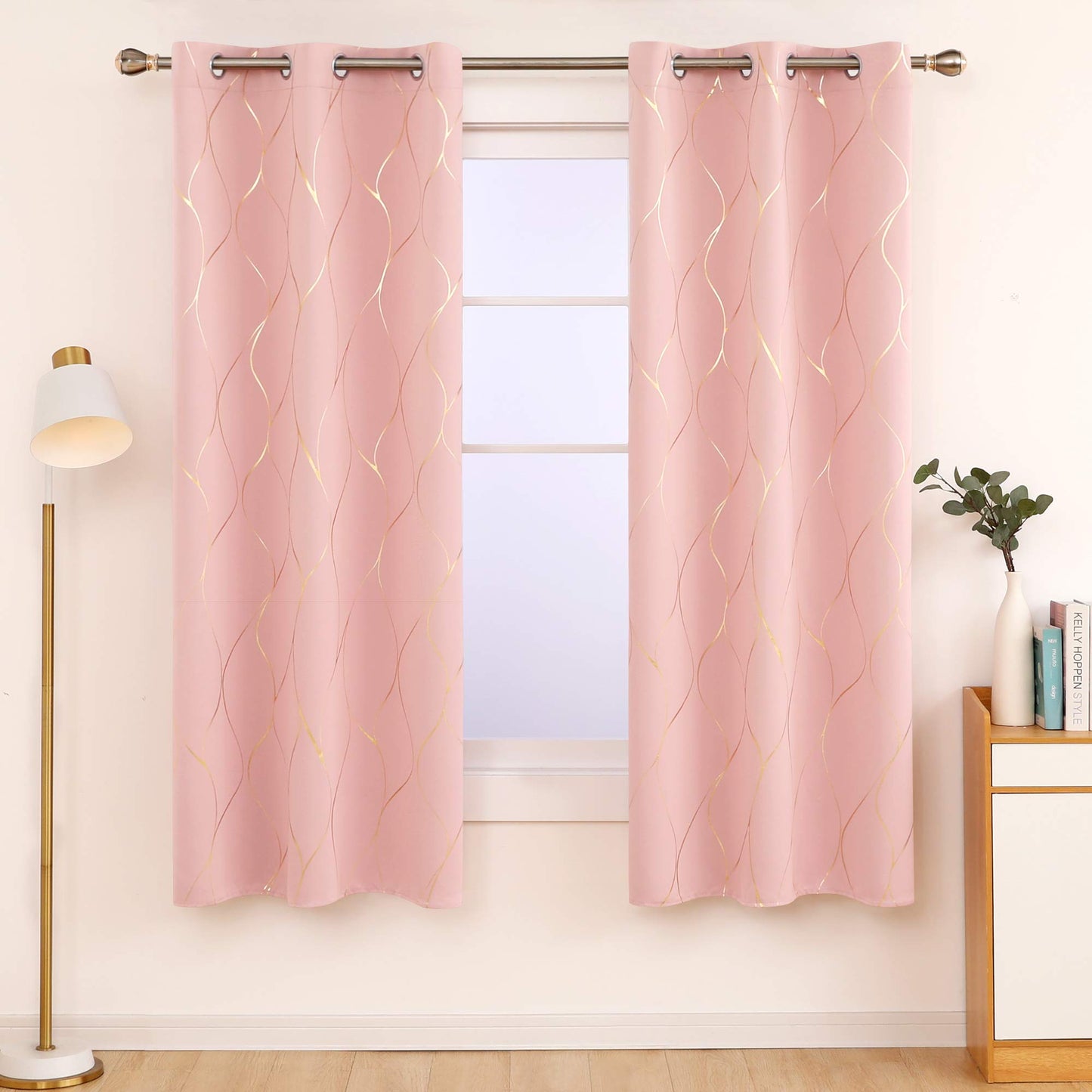 Deconovo Coral Pink Blackout Curtains 2 Panel Set for Bedroom, Thermal Insulated Grommet Room Darkening Window Drapes for Living Room, Gold Line Foil Print, 42W x 72L Inch