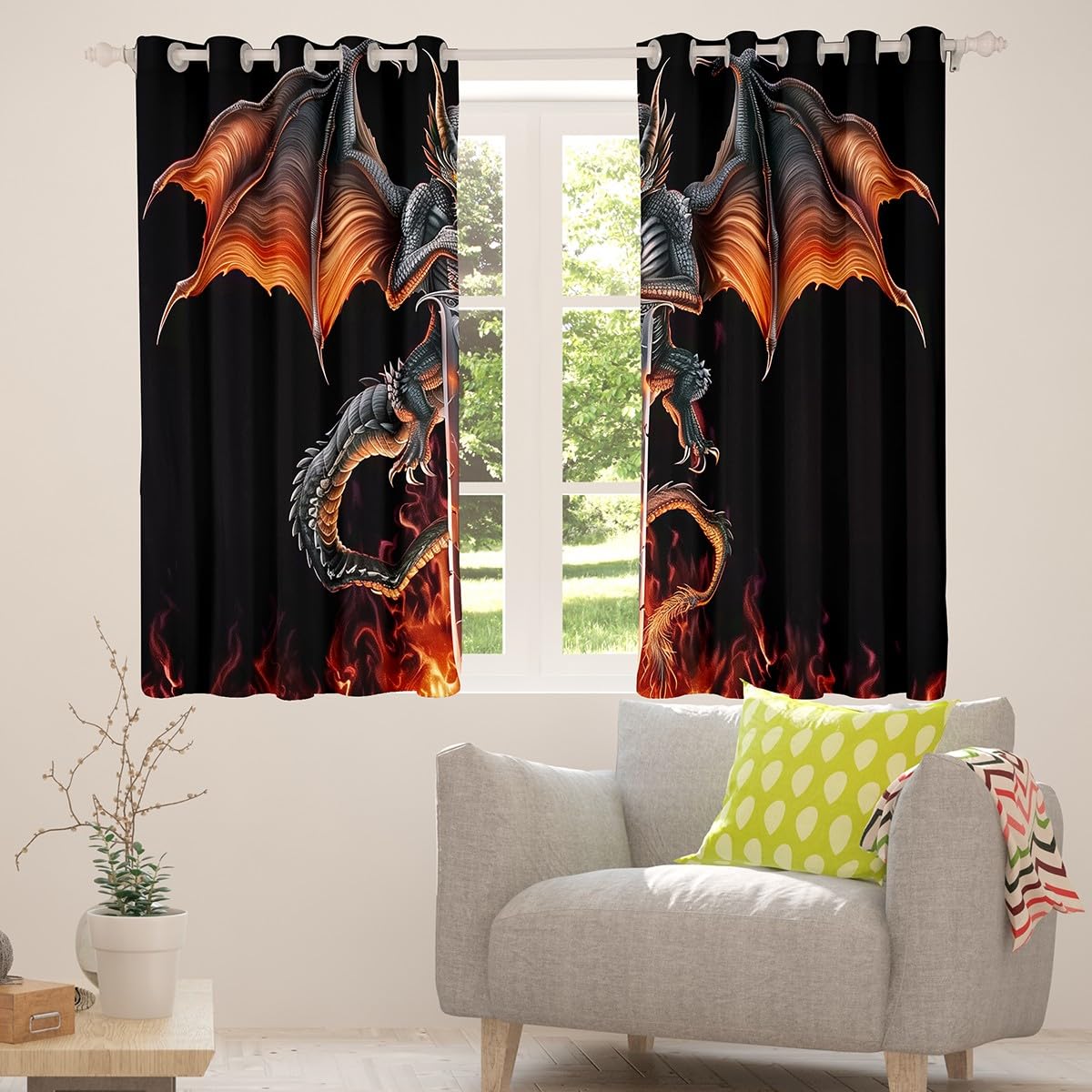 Feelyou Medieval Dragon Blackout Curtains (2 Panels, 42 x 63 Inch) Sword Fire Pattern Darkening Drapes Ancient Wildlife Curtains for Bedroom Living Room
