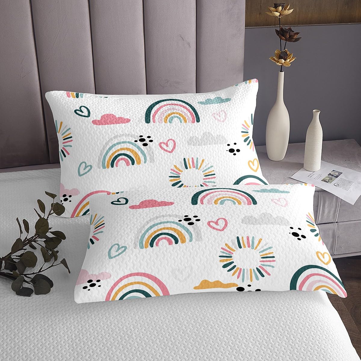 Girls Catoon Rainbow Sheet Set Pink Love Heart Bed?Sheets?Set Decor Cute Cloud Sheets?with?Deep?Pocket?Fitted?Sheet Kawaii Stripes Polka Dots Theme White Bedding?Set Bedroom Quilt Cover 4Pcs Full