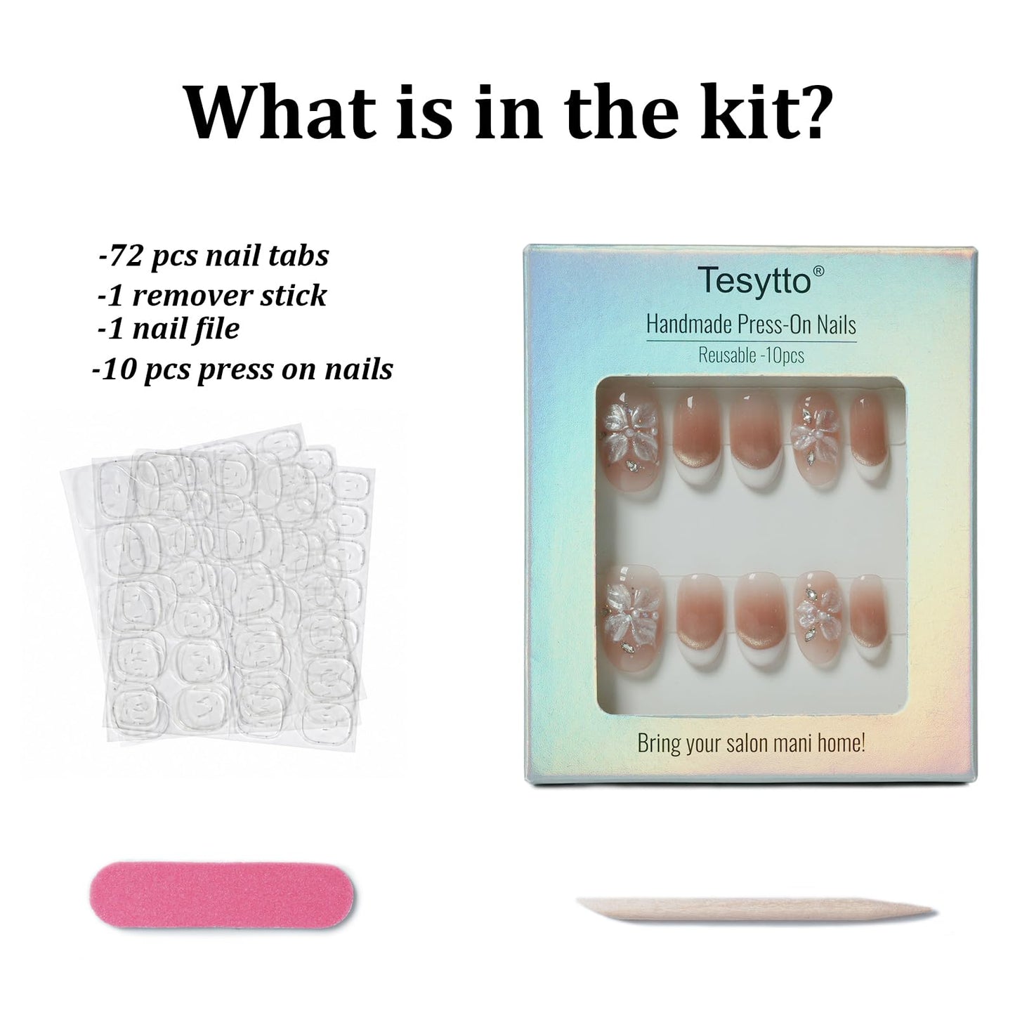 Tesytto Short Oval Press On Nails, Nude Cat Eye Gradient False Nails with White French Tip & 3D Sheer Flower, Reusable Glossy Fake Nails (Gold Shimmer Crystal,M)