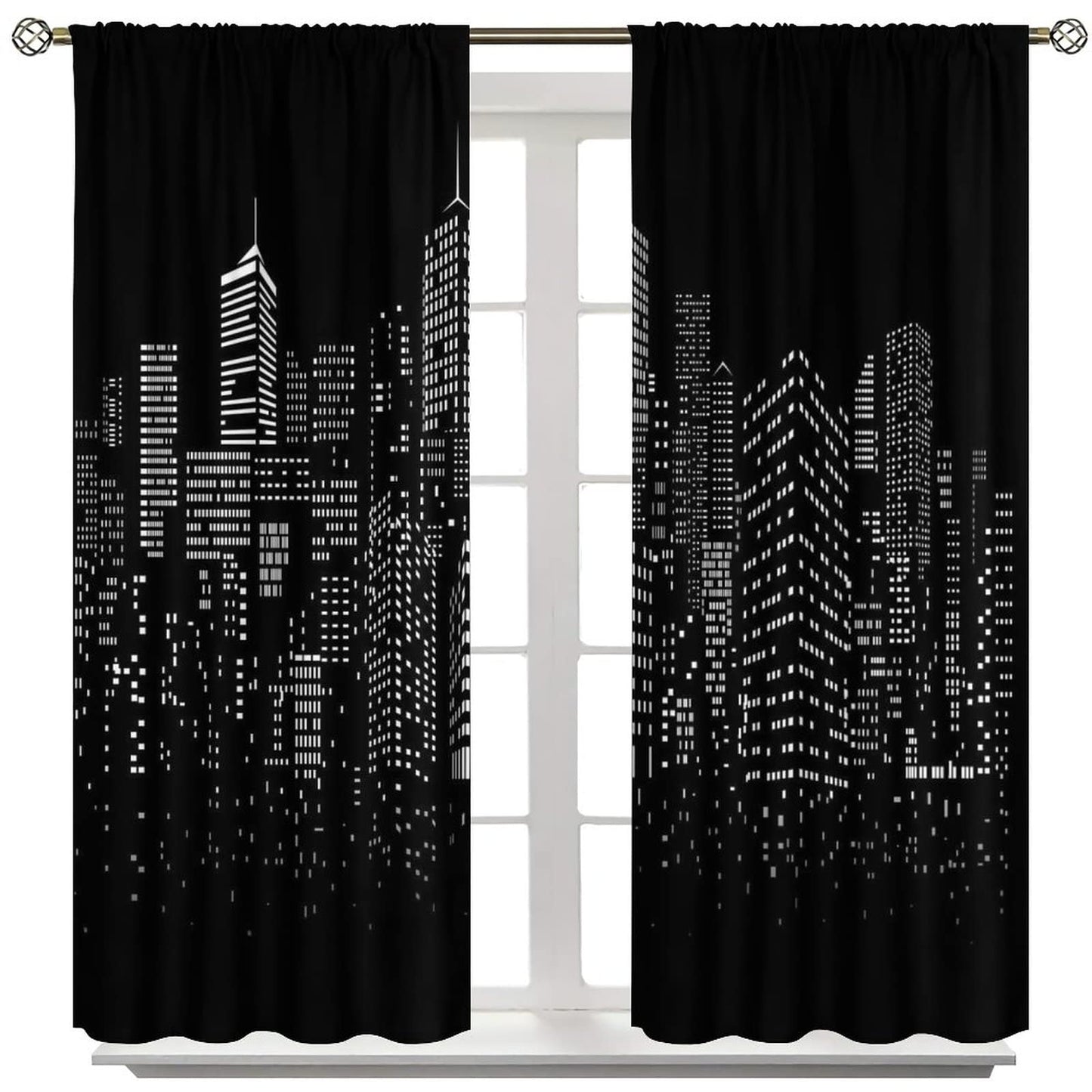 Yearn Jear New York Curtains Black White Modern Night City Window Drapes for Bedroom Living Room Cafe 2 Panels W42 x L45 Inch
