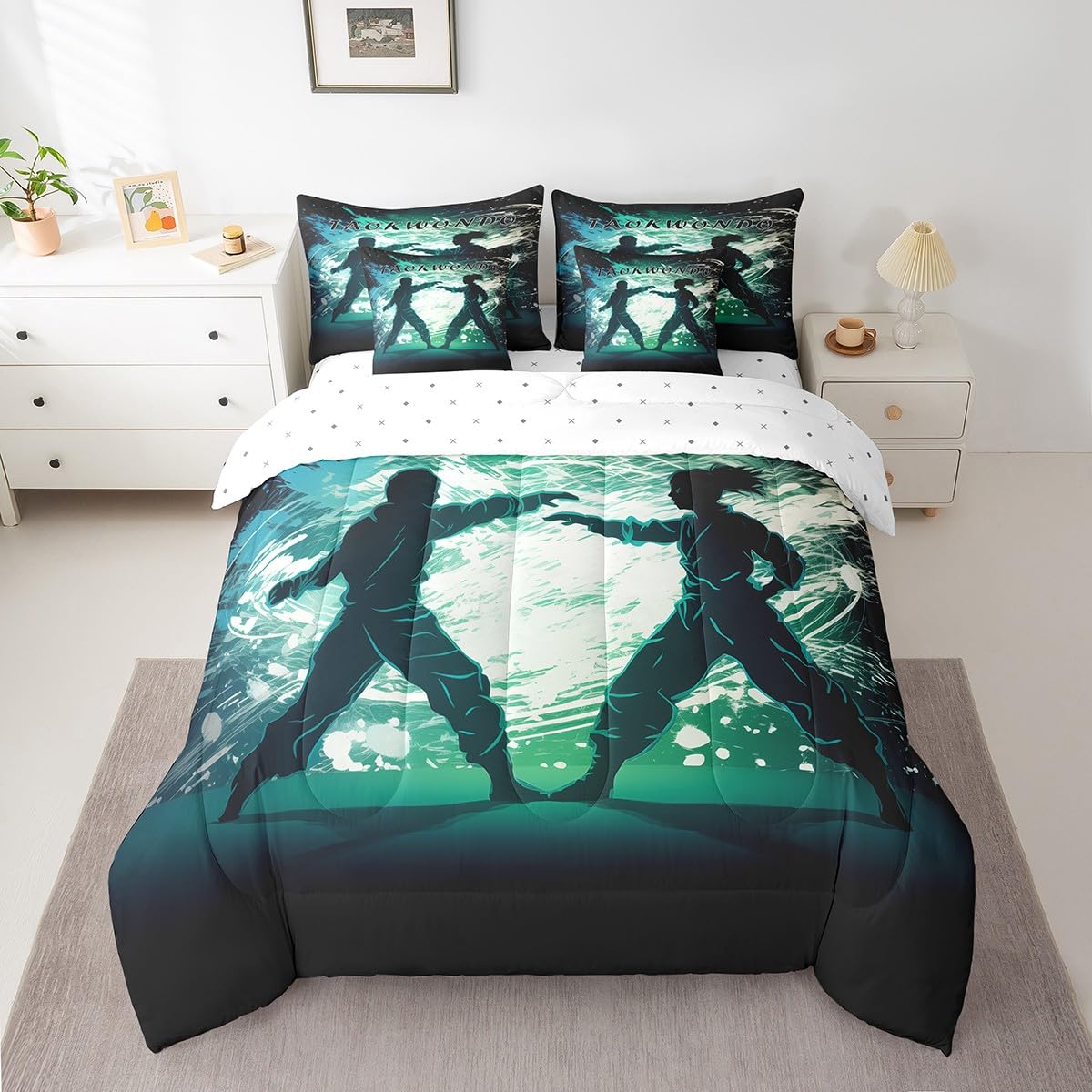 Erosebridal Taekwondo Full Bedding Set with Sheets,Japanese Anime Style Bed Set 7 Piece for Boys Teen Kids Bedroom Decor,Sports Themed Comforter Sets with Fitted Sheet,Flat Sheet,Pillowcases
