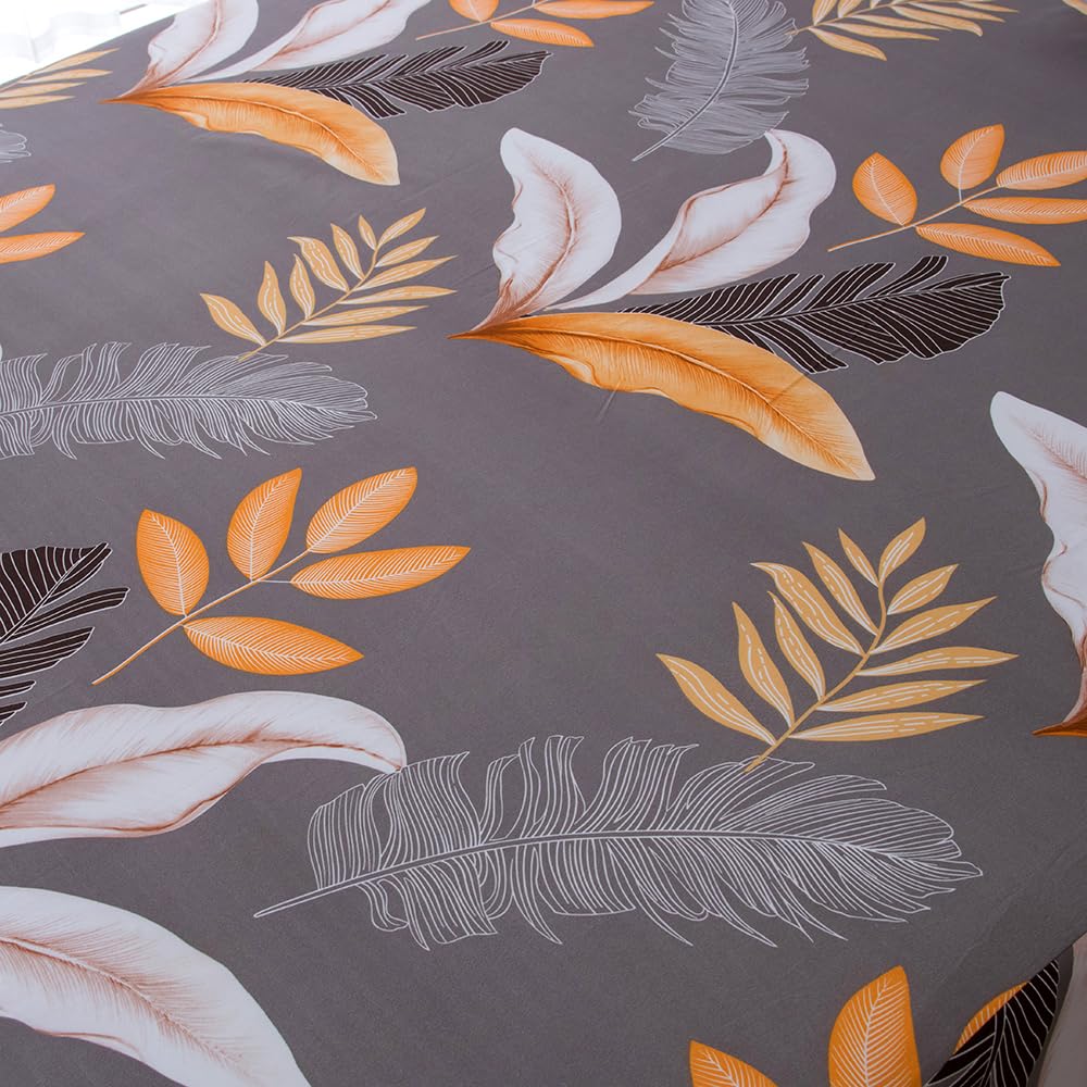 NATURETY Bedding Fitted Sheet with Deep Pocket,Grey Leafs Printed Thicken Fabric Bed Sheets (Light Gray, Queen)