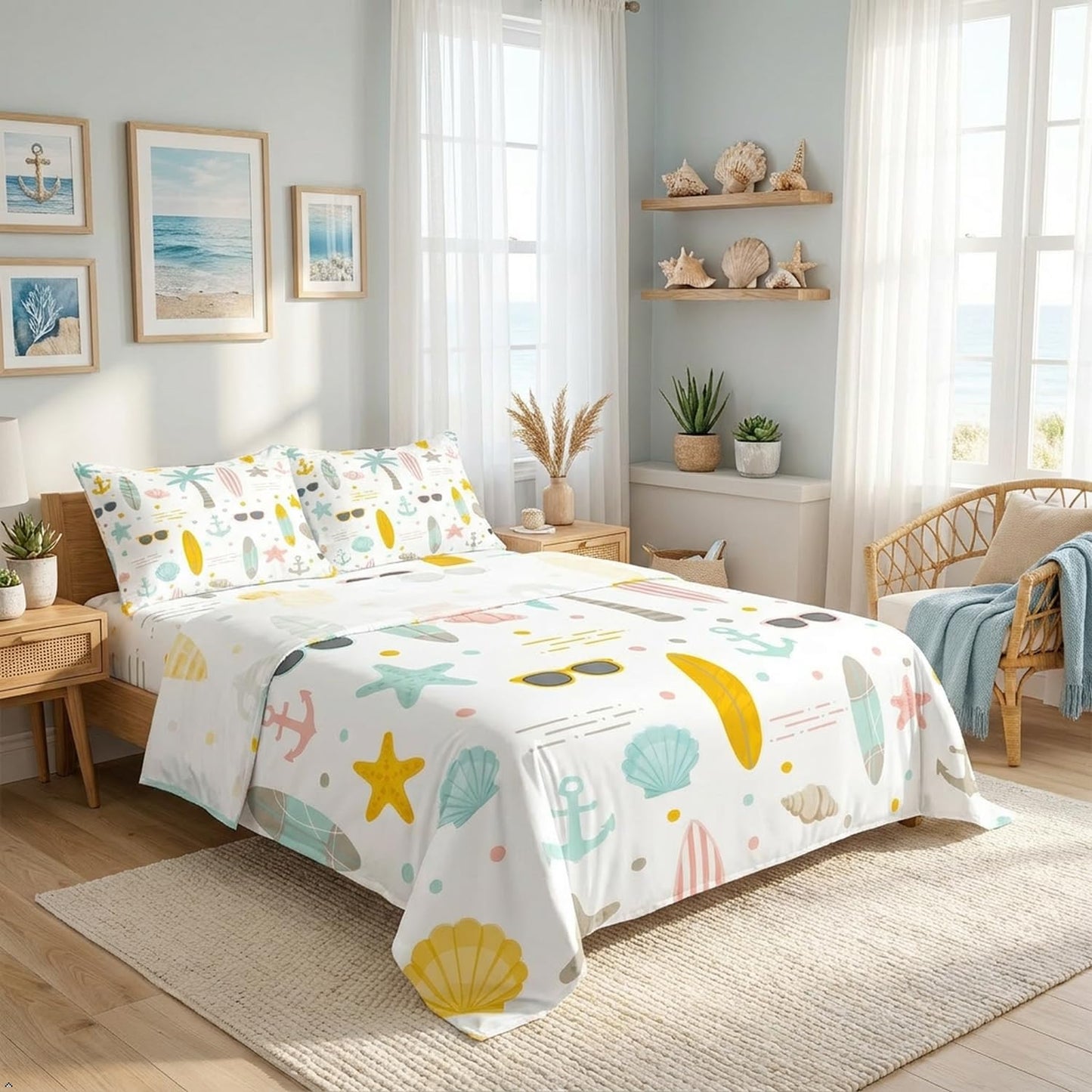 Nautical Anchor Bed Sheet Set for Kids Boys Girls Teens,Hawaii Palm Tree Sheet Set King Size,Surfboard Ocean Beach Bedding Set,Starfish Coastal Sea Animal Fitted Sheet + Flat Sheet + 2 Pillow Cases
