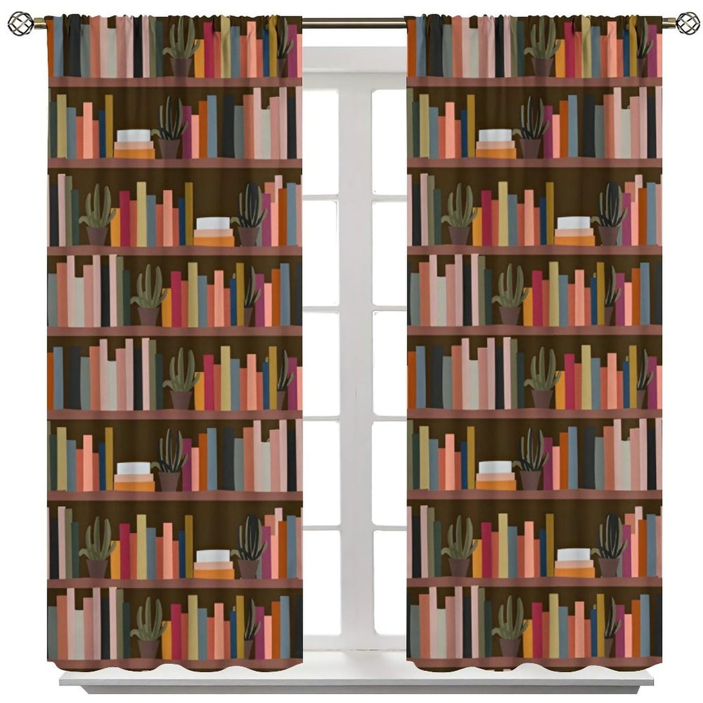 Nsbul Retro Bookshelf Curtains, Bohemian Bookcase Books Succulents Print Window Treatment for Bedroom Living Room Library Home Decor, 42" W X 45" L(No Blackout)