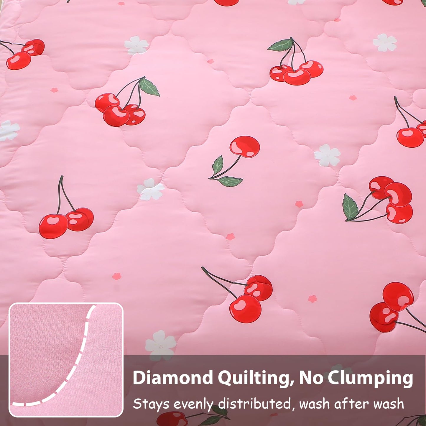 Gusuhome Girls Cherry Comforter Bedding Set Twin Size 7 Piece Pink Oriental Cherry Comforter Set Bed in A Bag for Kids Teens All Season (Comforter,Flat Sheet,Fitted Sheet and Pillow Sham)