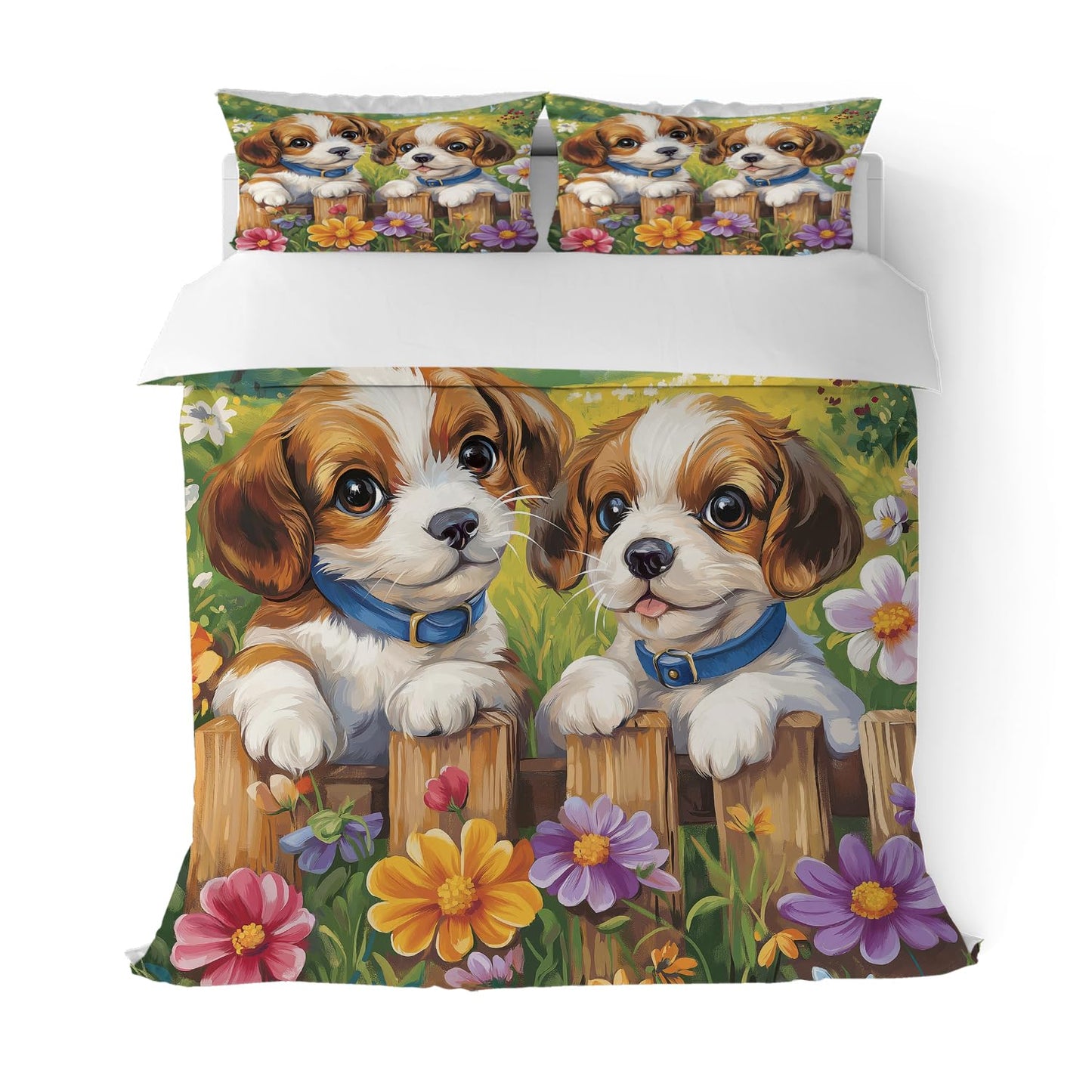 RICQLESC Cute Dog Duvet Cover and 2 Pillow, Cartoon Pet Pug Dog Bulldog Rustic Farmhouse Floral Animal Puppy Comforter Set, Kids Boys Girls Bedding 3 Pieces, King Size 104x90 inch