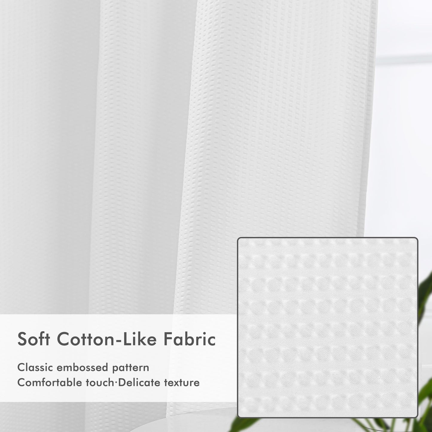 Mrs Awesome No Hook Shower Curtain with Snap-in Liner Less Time On/Off, Embossed Waffle-Look Textured Fabric Shower Curtain for Bathroom Hotel Style, Washable, Soft & Lightweight, 71x74, White