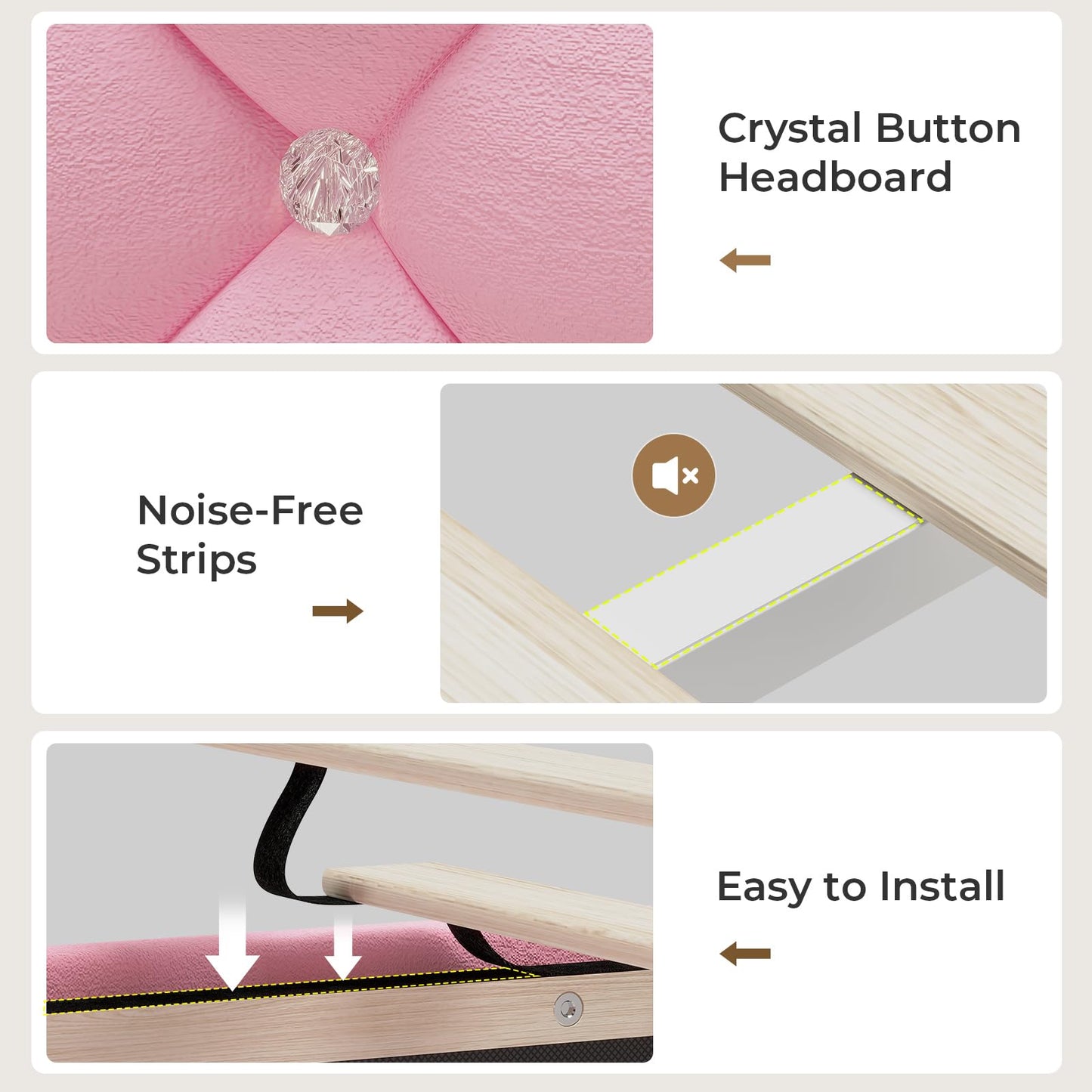 HAUOMS Full Bed Frame with LED Lights, Princess Velvet Upholstered Platform Bed for Girls, Headboard with Charging Station & Guardrail & Crystal Button, No Box Spring Needed, Pink