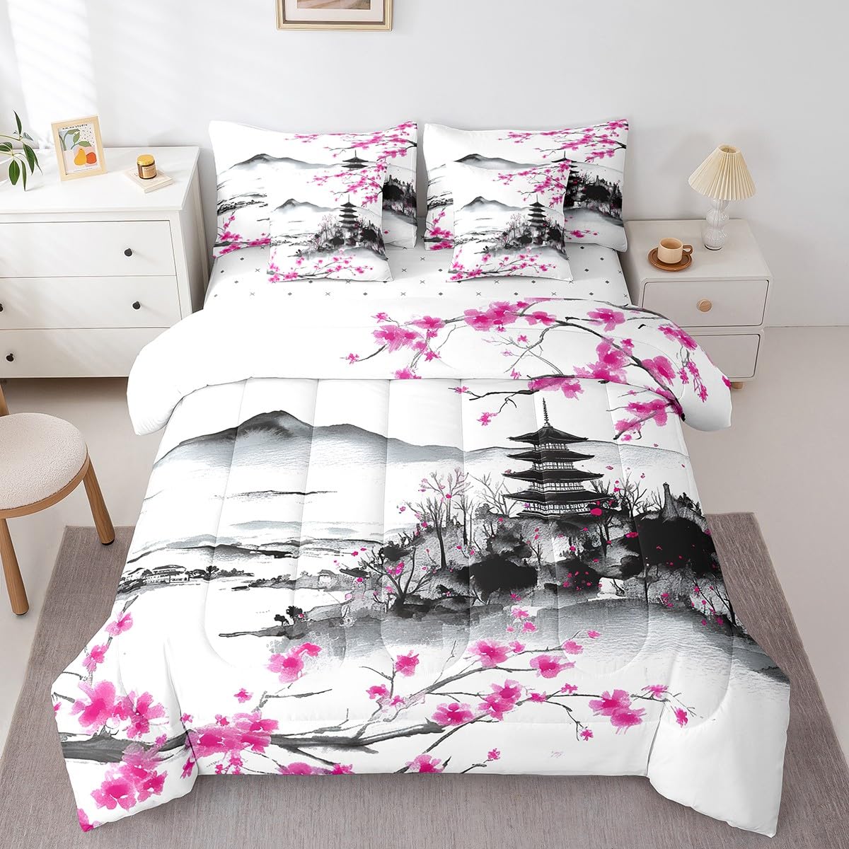 jejeloiu Japanese Comforter Set 7 Pieces Full Size Kids Cherry Flower Bed in a Bag for Boys Girls Ink Painting Bedding Set Traditional,Comforter + Sheets + Pillowcases + Cushion Covers