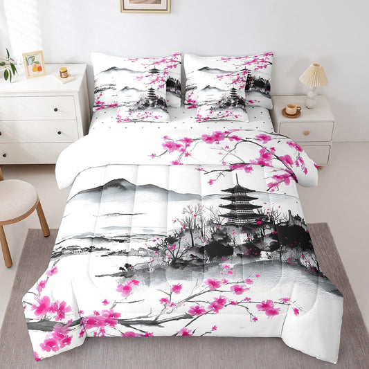 jejeloiu Japanese Comforter Set 7 Pieces Full Size Kids Cherry Flower Bed in a Bag for Boys Girls Ink Painting Bedding Set Traditional,Comforter + Sheets + Pillowcases + Cushion Covers