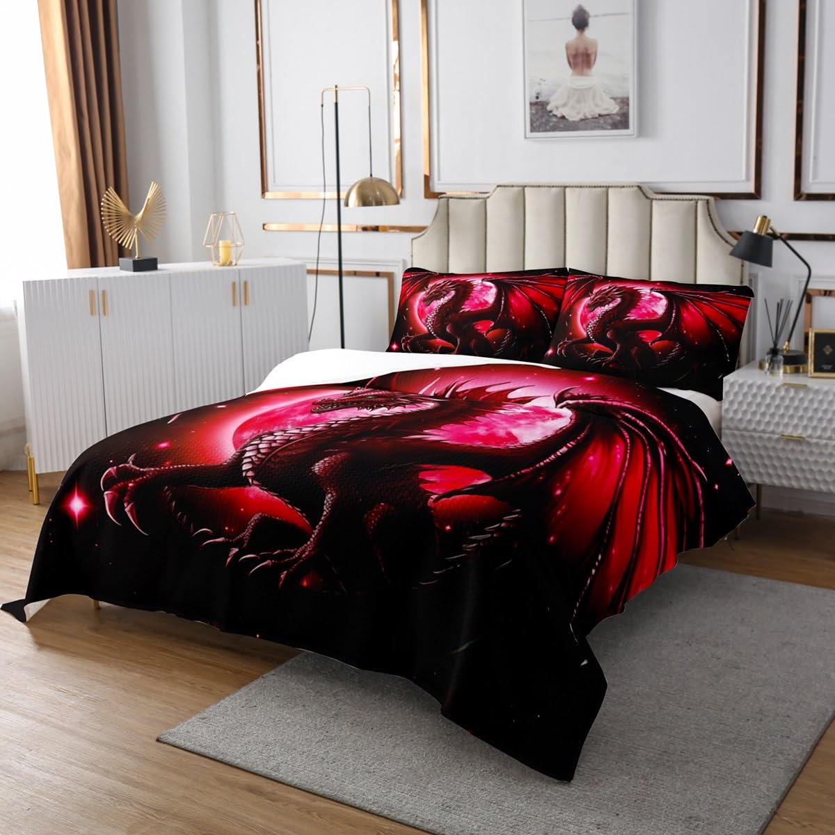 Castle Fairy Dragon Bedding Set Queen Size,Starry Sky Moon Night Bedspread for Kids Boys Teens Women Bedroom Decor,3D Animals Comforter Set Western Dragon Black Red Quilt Coverlet,2 Pillowcases