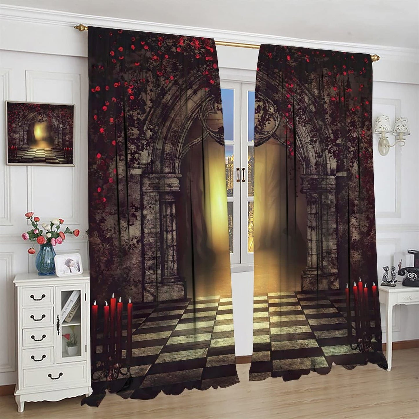 Gothic Blackout Curtains,Red Roses Medieval Castle Old Arch and Candles Thermal Insulated Drapes for Bedroom Living Room Window Curtains W42xL45in
