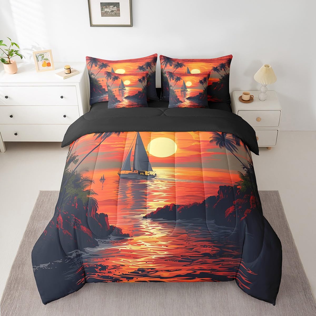 Erosebridal Hawaiian Beach Sunset Bedding Set for Kids Teen Adults,Summer Sea Ocean Twin Comforter Set 7 Piece Palm Tree Sailboat Bed in A Bag Red Retro Tropical Bed Set