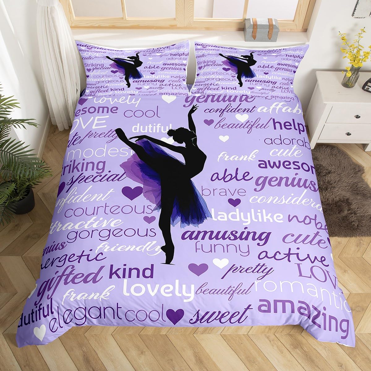 Gymnastics Ballet Lovers Duvet Cover Set Queen,Beauty Silhouette Bedding Set 3pcs for Kids Teens Adults Room Decor,Inspirational Quotes Comforter Cover Purple Romantic Quilt Cover with 2 Pillowcases