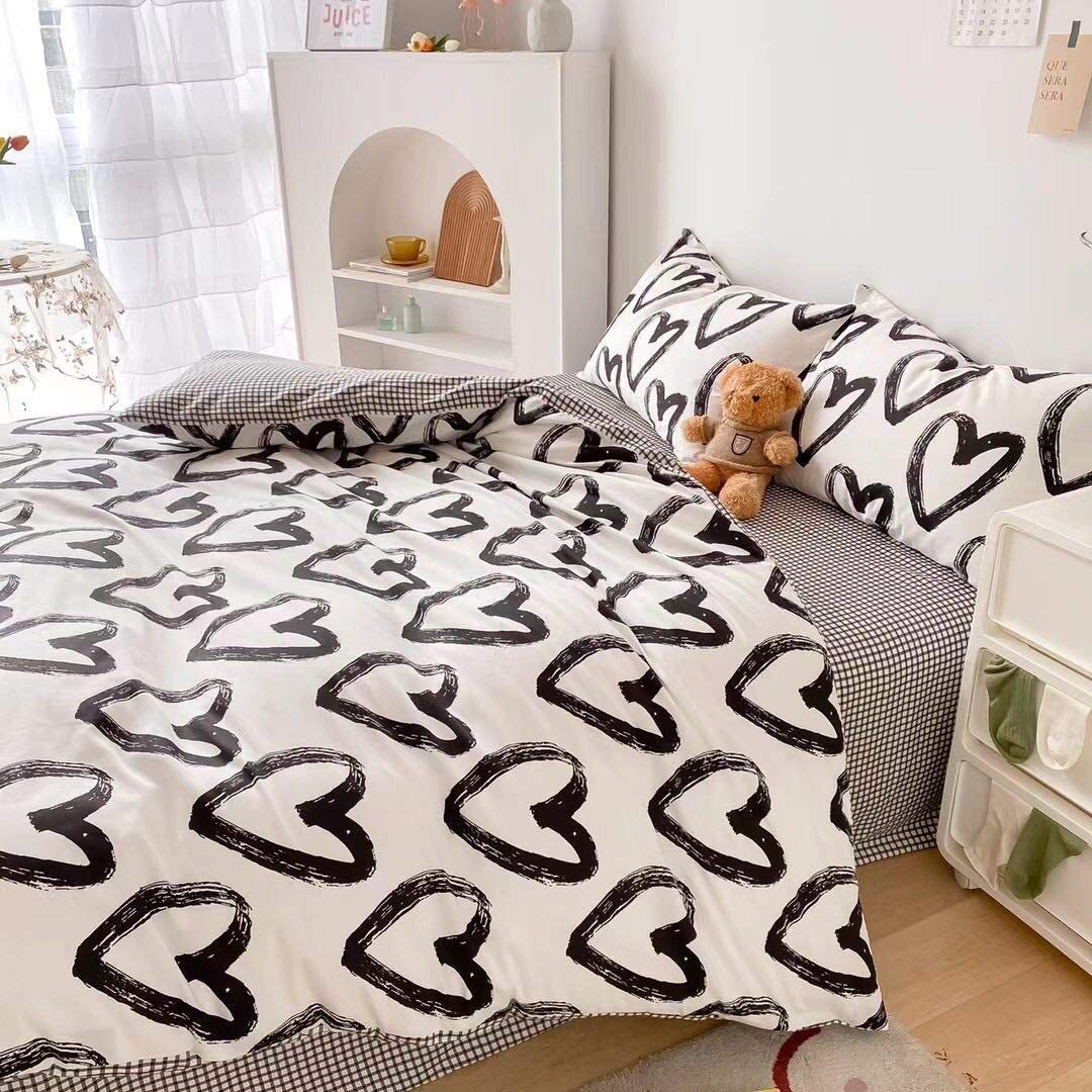 CLOTHKNOW Black and White Duvet Cover Sets Cotton Queen Love Pattern Bedding Sets Full Bedding Duvet Cover Reversible Grey Grid Duvet Cover