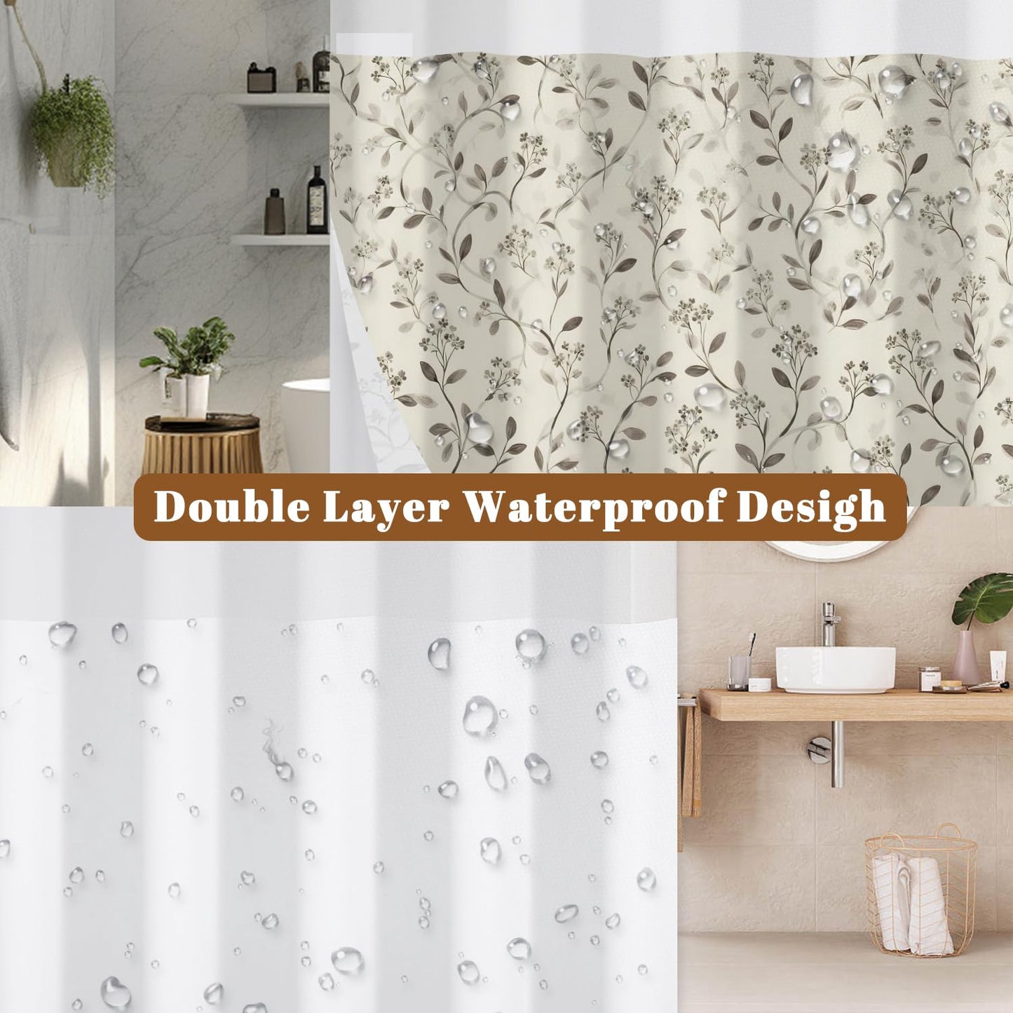 Xiazhilaio Beige Botanical Shower Curtain with Snap in Liner, 71x74 Inch