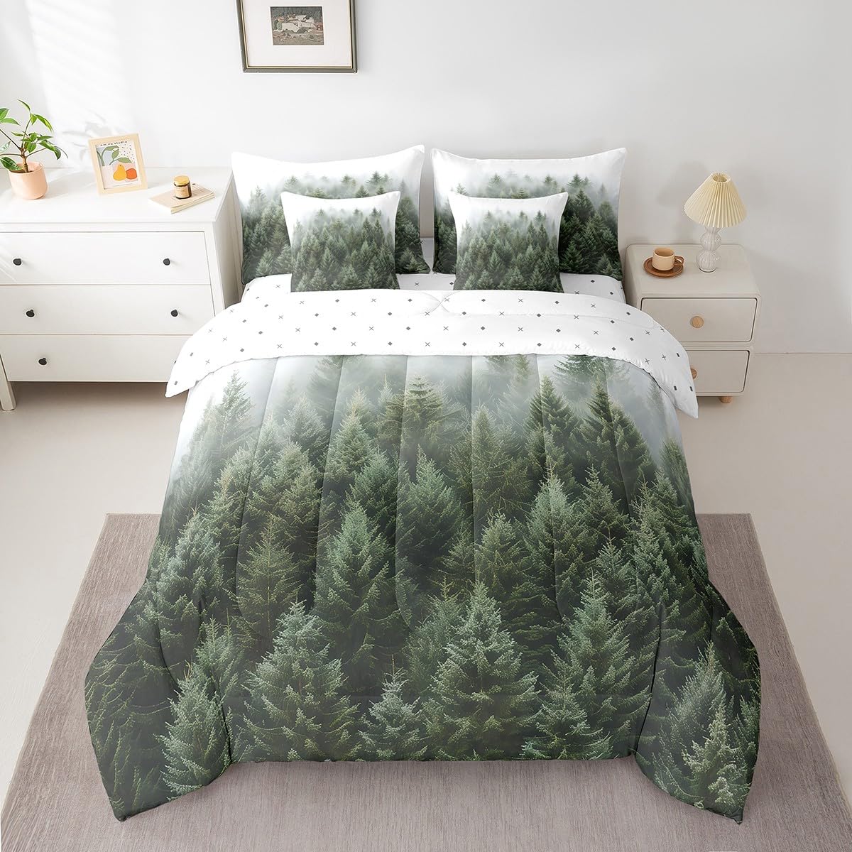 Erosebridal Natural Pineforset Bedding Sets 7 Piece Twin Smoky Mountain Comforter Set Fantasy Fog Magic Tree Bed in A Bag Nature Scenery Theme Quilt with Flat Fitted Sheet for Kids Adults