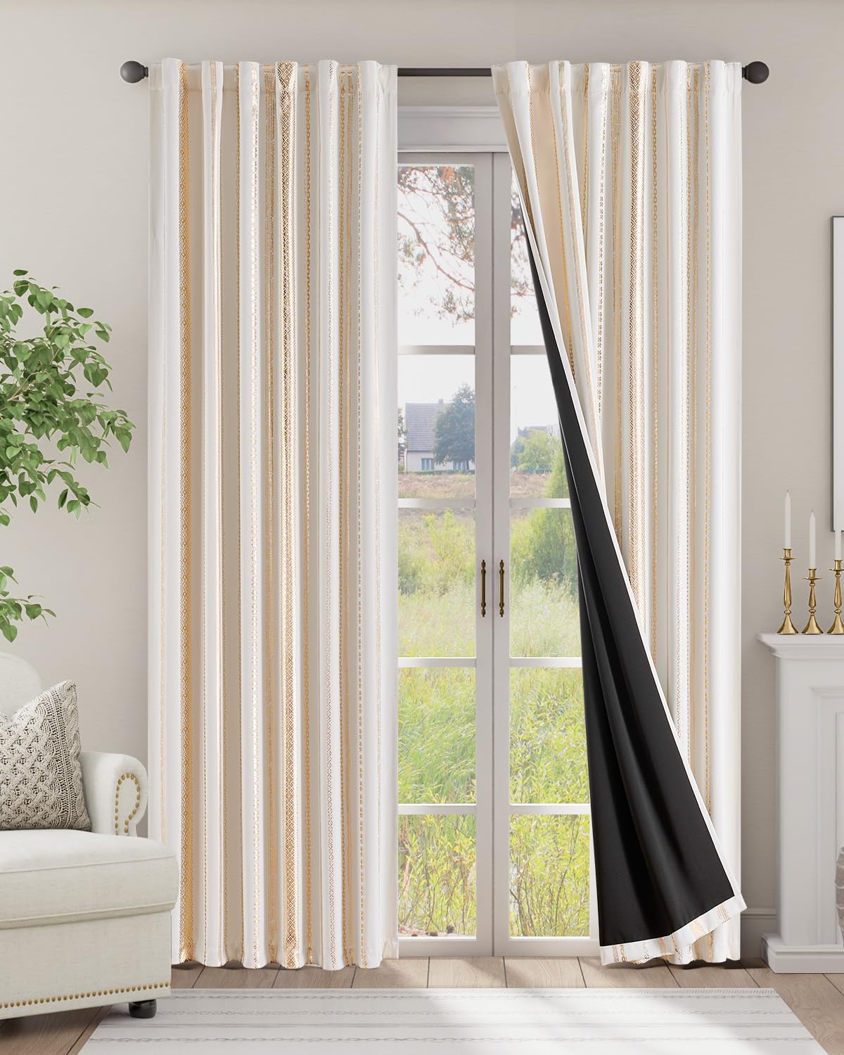 jinchan 100% Blackout Curtains 84 Inches Long for Bedroom, Boho Curtains Golden Geometric Foil Printed on Off White Back Tab Rod Pocket Holiday Room Darkening Drapes Farmhouse 2 Panels