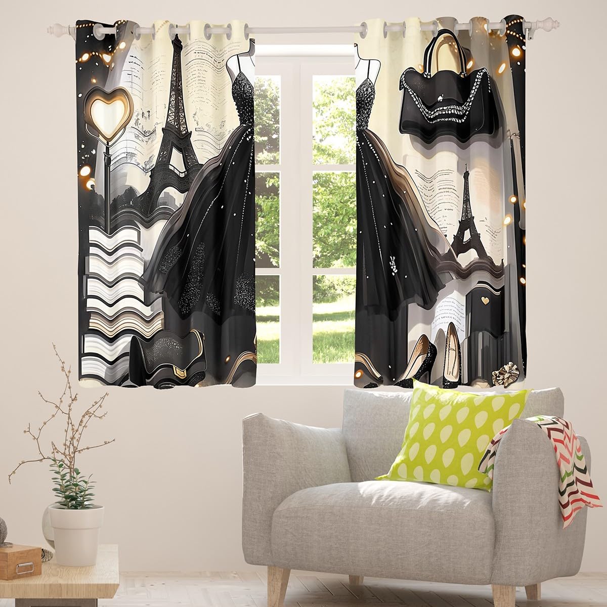 Erosebridal Fashion Dress Blackout Curtains Fashion Girly Black Dress Curtains Eiffel Tower Paris Style Bedroom Curtains Romantic Makeup Themed Window Curtains Women Perfume Print Curtains,76" Wx45 L