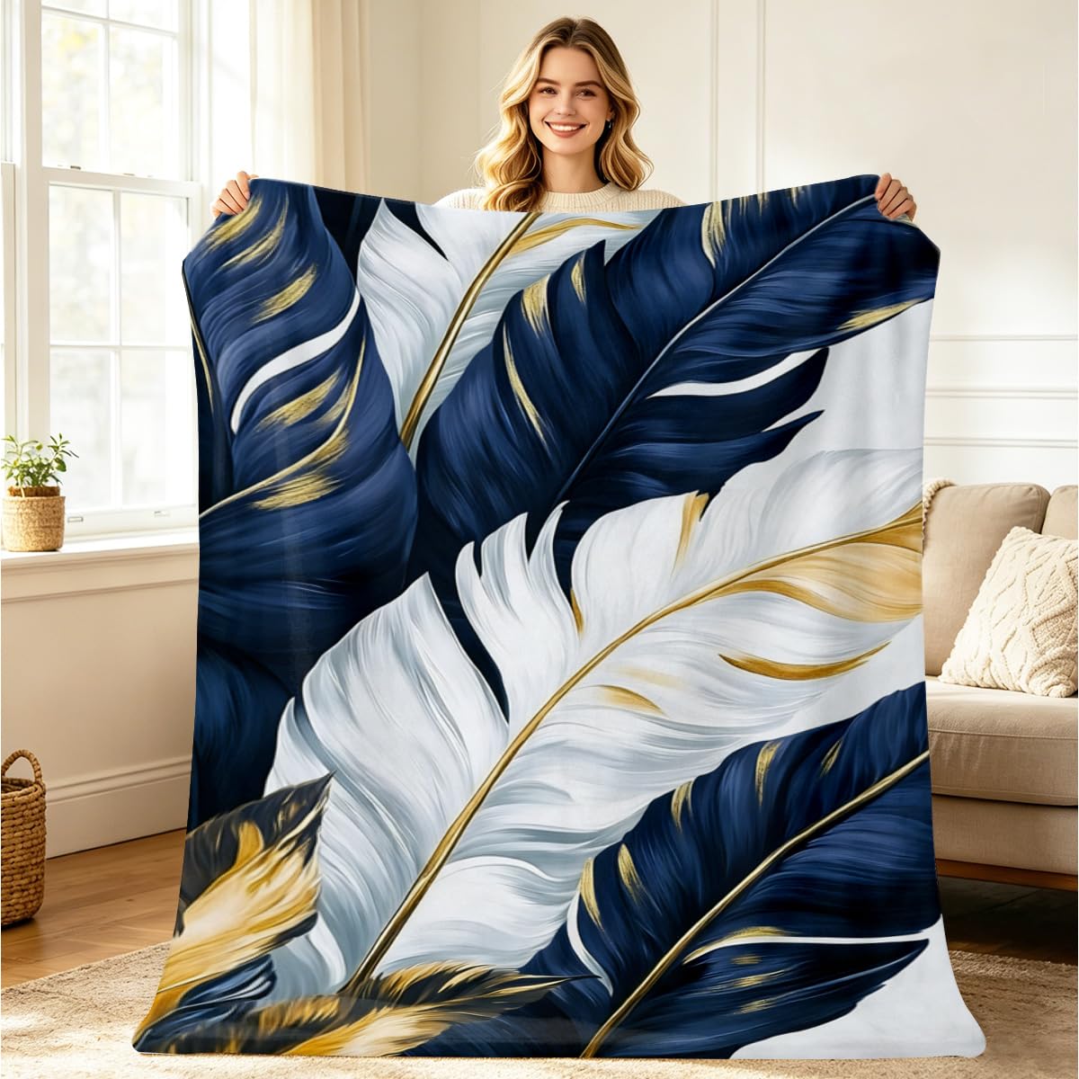 HUNXIAOJ Tropical Blankets and Throws Tropical Plant Blanket for Couch Bed Room Home Decor Tropic Leaf Throws Blue Gold Botanical Decor Flannel Gifts for Women Adults Kids 49"x59"
