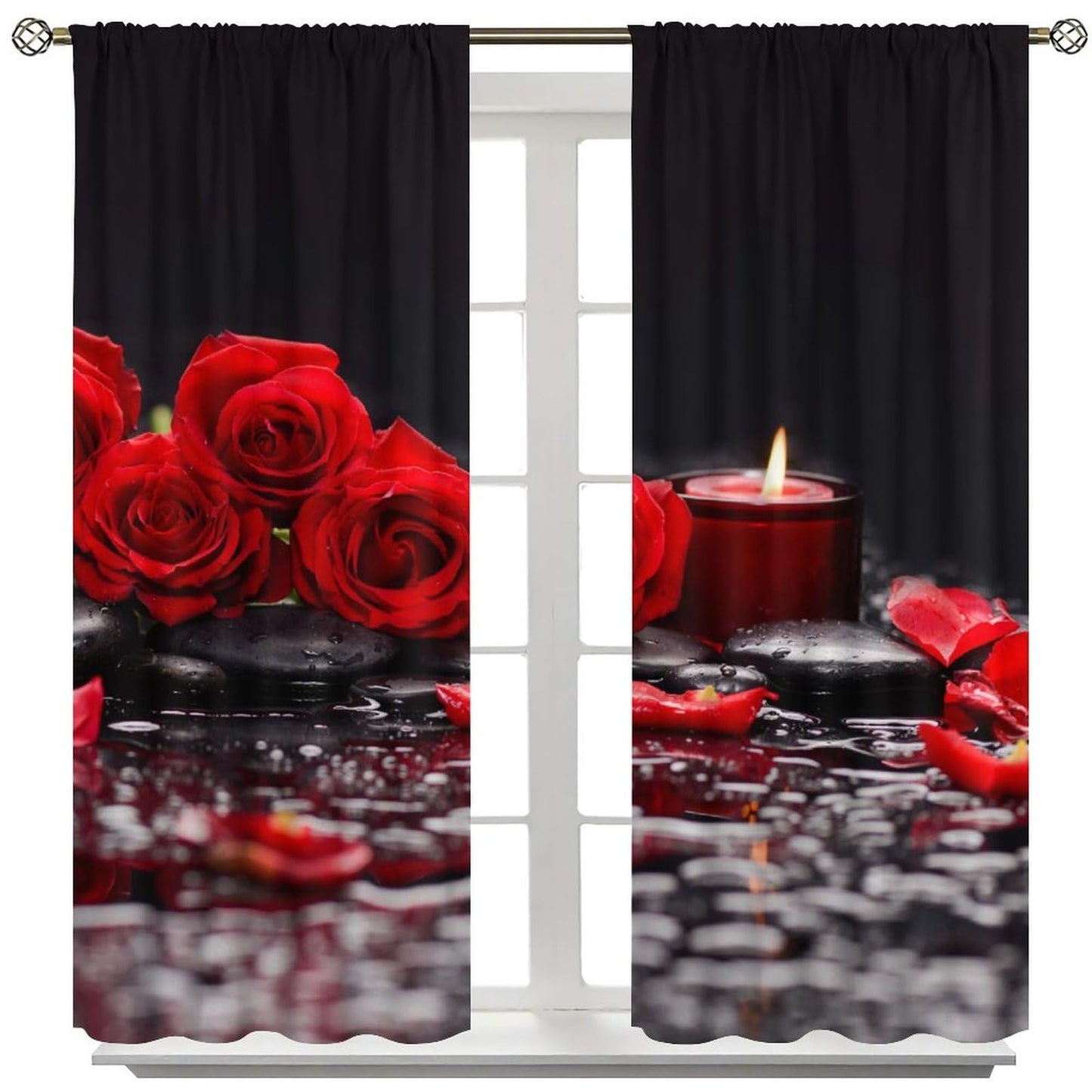 AAVEUP Red Rose Curtains for Girls,Raindrops Stone Candle Aesthetic Red Art Flower Rose Water Flower Window Drapes Print for Kids Women Bedroom Living Room Bathroom 42x45in（No Blackout）
