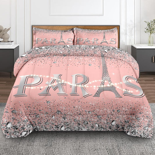 Culudea Paris Vintage France Comforter Set Full Size, Pink Diamond Eiffel Tower Soft Bedding Set with 2 Pillowcases for Girls Teens Kids Boys Adults Bedroom Bed Decor,1 Quilt 2 Pillow Cases