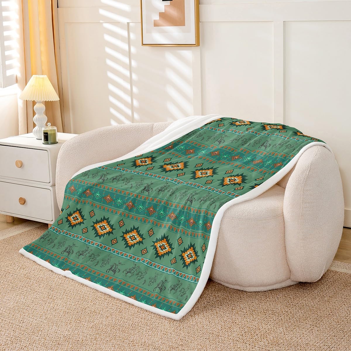 Feelyou Western Cowboy Throw Blanket Southwestern Aztec Pattern Fleece Sherpa Cozy Fuzzy Plush Warm Horse Riding Design Fuzzy Plush Throw Ranch Farmhouse 40"x50" Green Orange for Bed Couch Living Room