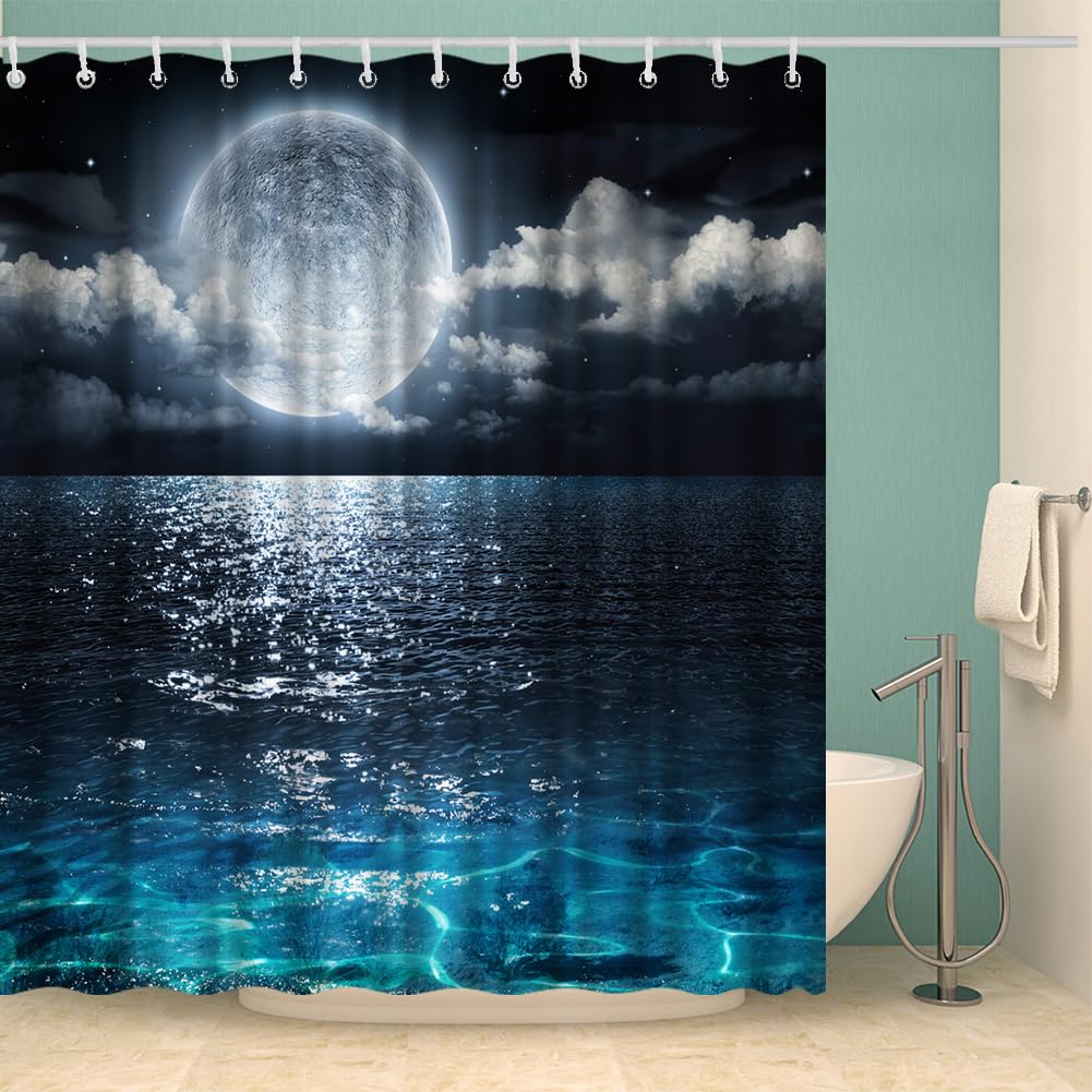 VividHome Shower Curtain Full Moon Over Ocean Landscape Waterproof Fabric Shower Curtain for Bathroom Decor Set with Hooks 72 x 72 Inches