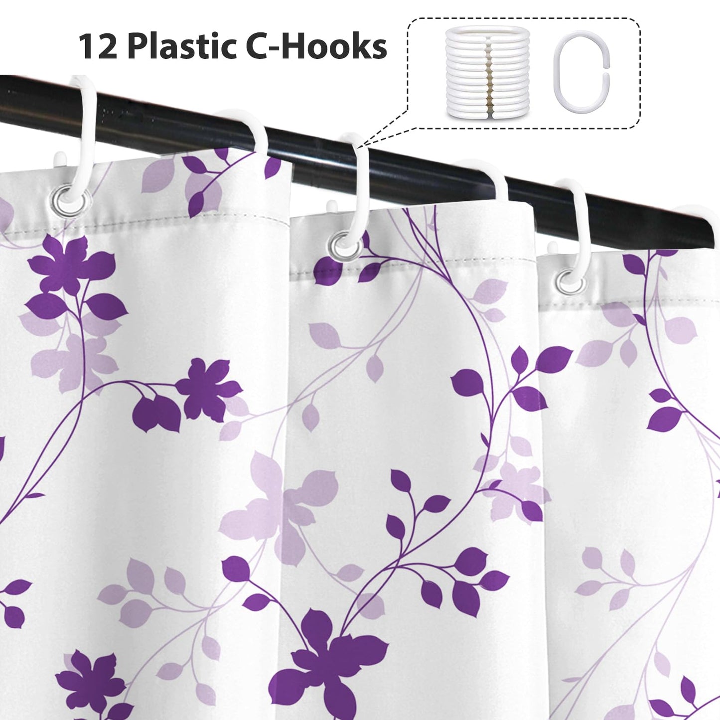 GICDSU Purple Plant Leaves Shower Curtain, Waterproof Fabric Shower Curtain Set with 12 Hooks, Modern Farmhouse Leaf Pattern Shower Curtains for Bathroom, 72x72 Inches