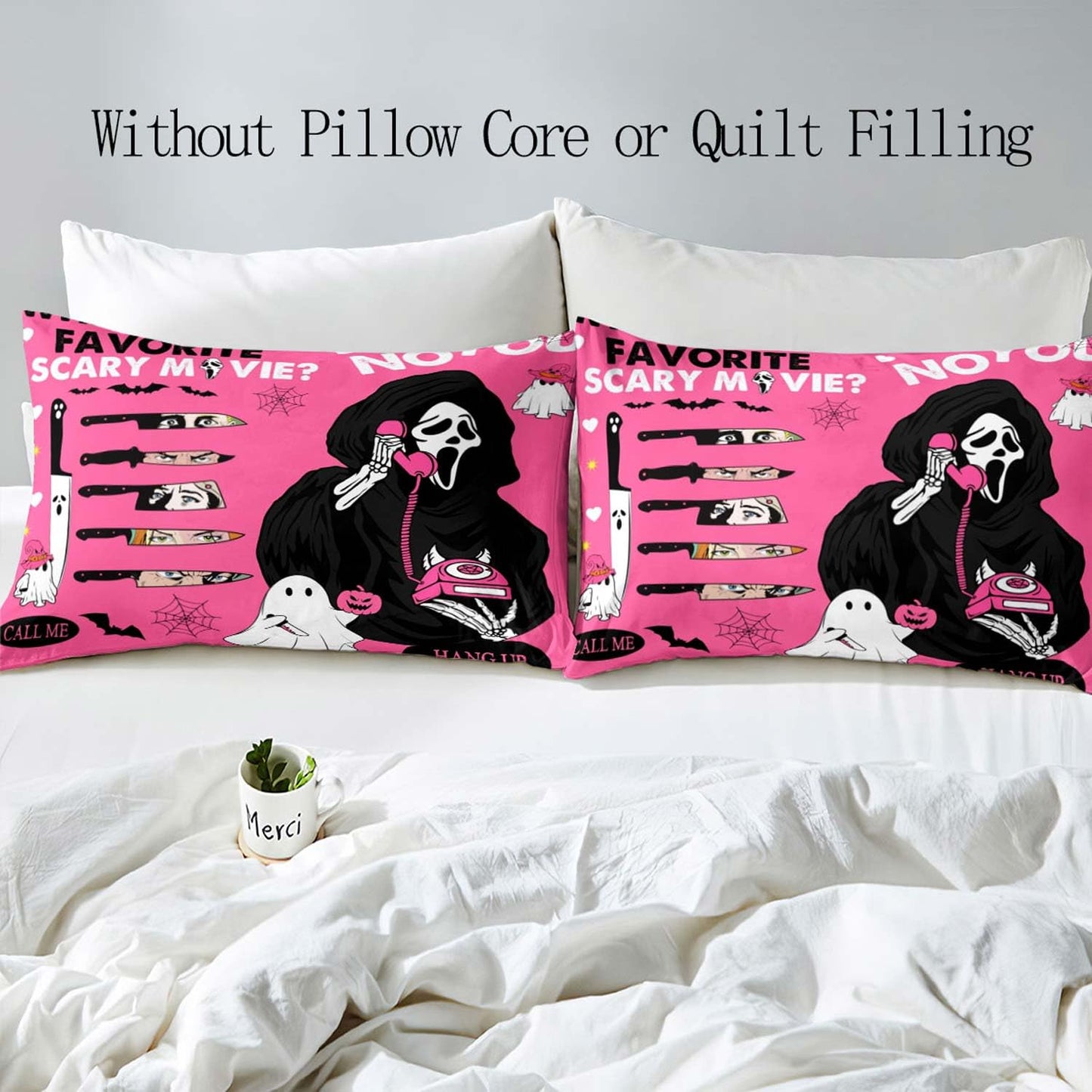 LUVIVIHOME 3PCS Funny Ghost Duvet Cover Queen Bedding Set, Hot Pink Duvet Cover, Gothic Spooky Scary Horror Scream Knife Bat Pumpkin Cobweb Halloween Comforter Quilt Cover, Bed in a Bag 2 Pillow Cases
