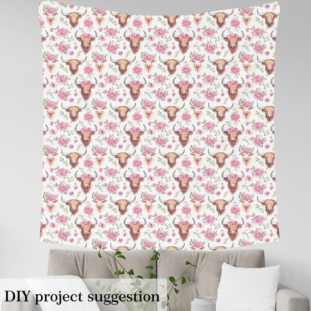 Brown Highland Cow Fabric by The Yard Watercolor Pink Rose Garden Flowers No Stretch Sewing Fabric Farm Animal Romantic Floral Rustic Flannel Polyester Fabric for DIY Projects 1 Yard Pre-Cut,36Lx59 W