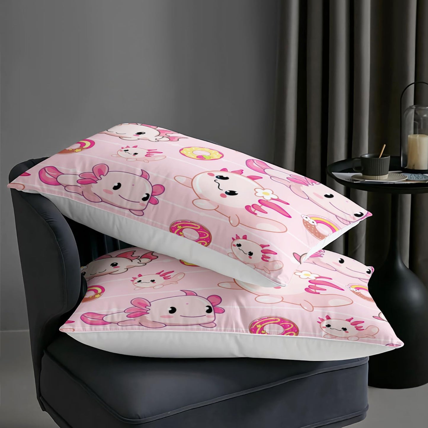 AILONEN Kawaii Axolotl Comforter Set Queen Size, Pink Axolotl with Doughnut Theme Bed in a Bag, 1 Quilt 2 Pillowcases, 3 PCS