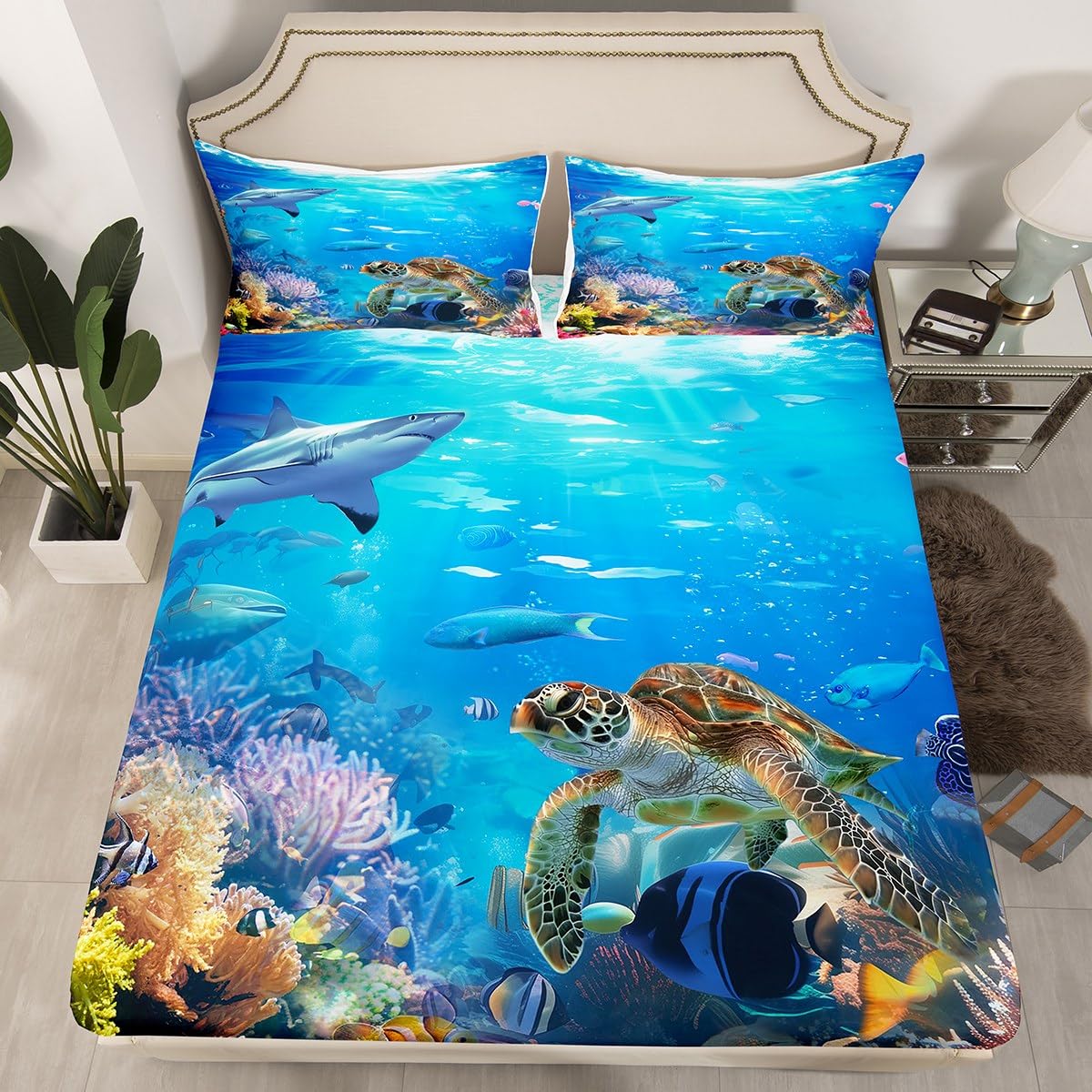 Erosebridal Sea Turtle Sheet Set Full Size, Shark Bed Sheets, Ocean Animals Fishes Fitted Sheet, Tortoise Rainbow Coral Bed Sheets, Home Textiles Bed Cover for Teens Boys Girls