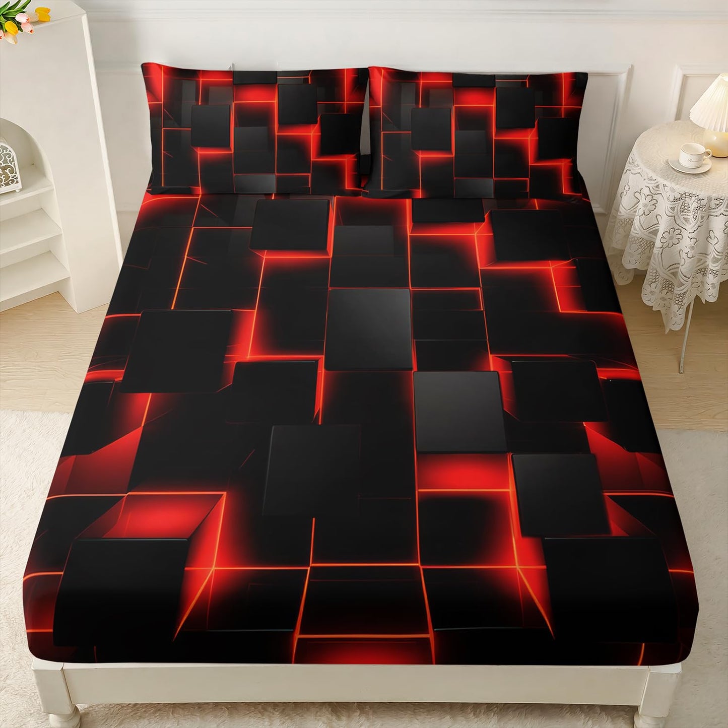 AILONEN Black and Red Checkered Fitted Sheet Set Queen Size,Abstract Square Plaid Modern Geometric Bed Sheet Set,3-Piece Gradient Neon Cubes Themed Bedding Set,1 Fitted Sheet with 2 Pillowcases