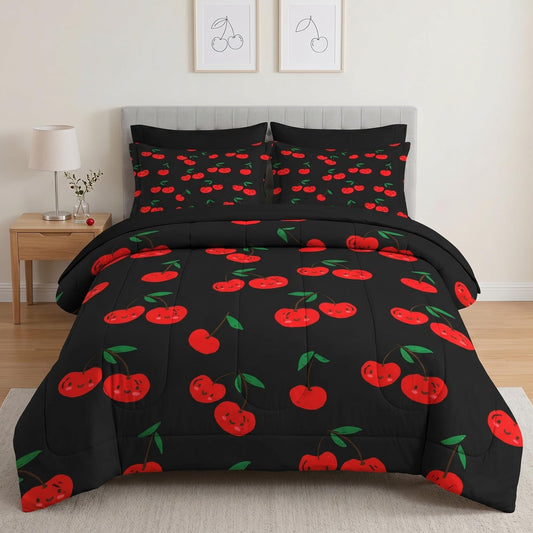 Pamnest Comforter Set King Size, Cute Cartoon Cherry 7 Pcs Bedding for Kids and Adults, Red Sweet Fruit Bed Sheet Sets with Fitted Sheet 2 Pillowcases & 2 Shams for Bedroom Bed Decor