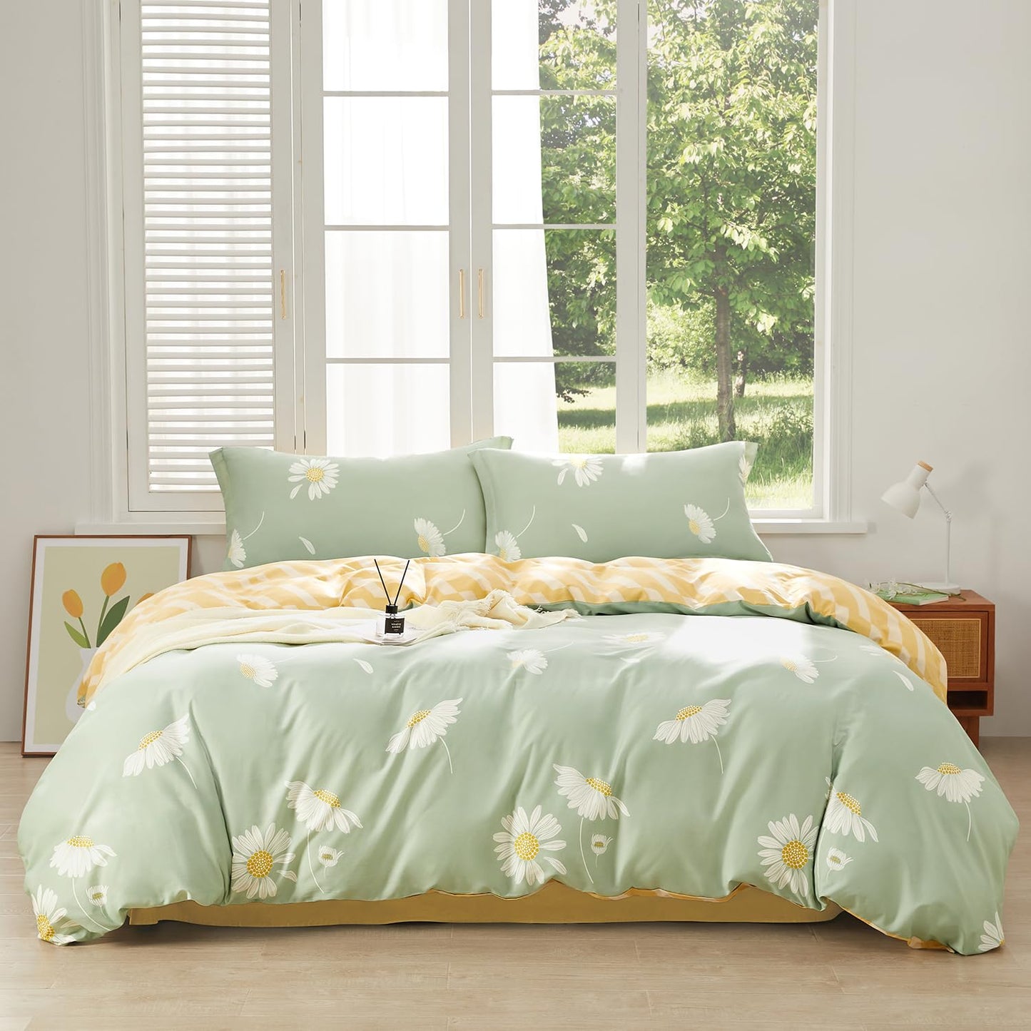 SAPHREAS Floral Daisy Duvet Cover Set Full Size 3pcs Sage Green White Flower Bedding Comforter Cover Set 100% Cotton 1 Duvet Cover 90"x80" 2 Pillow Shams, Comforter Not Included