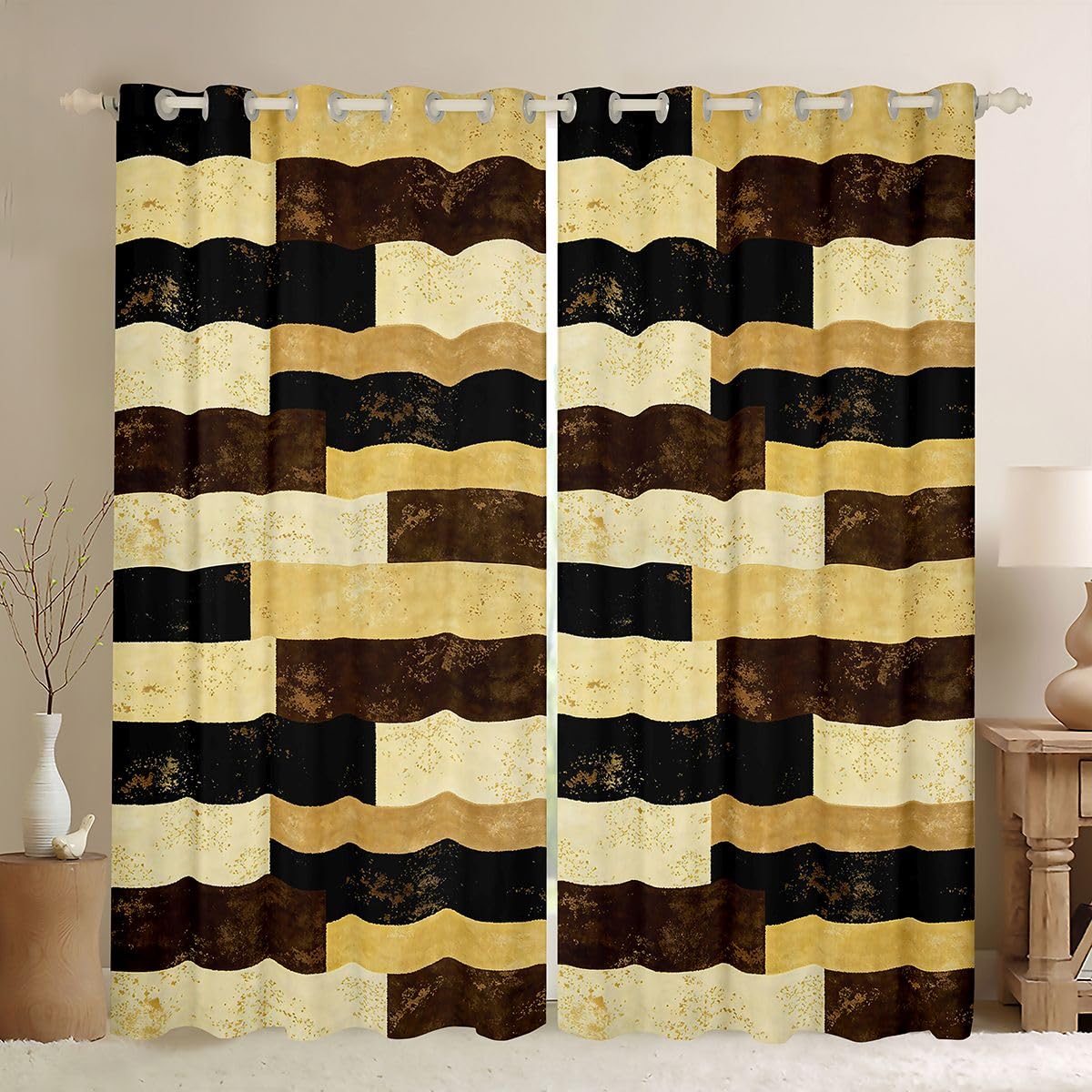 Erosebridal Golden Brown Geometric Blackout Curtains Abstract Color Blocking Window Curtains 42" Wx84 L Kids Adults Rustic Lattice Window Treatments Drapes for Room Stylish Patchwork Artwork 2 Panels