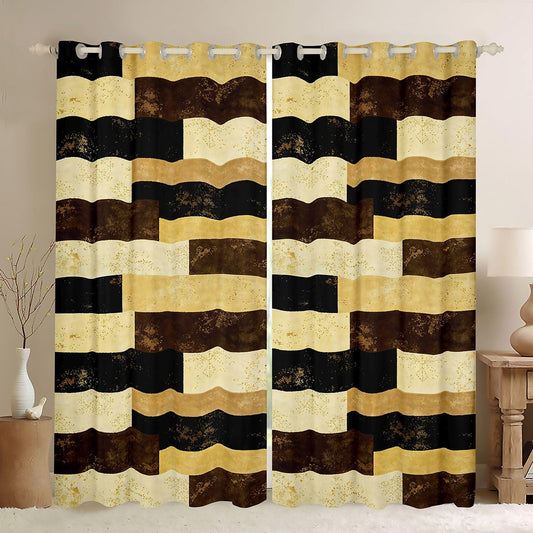 Erosebridal Golden Brown Geometric Blackout Curtains Abstract Color Blocking Window Curtains 52" Wx84 L Kids Adults Rustic Lattice Window Treatments Drapes for Room Stylish Patchwork Artwork 2 Panels