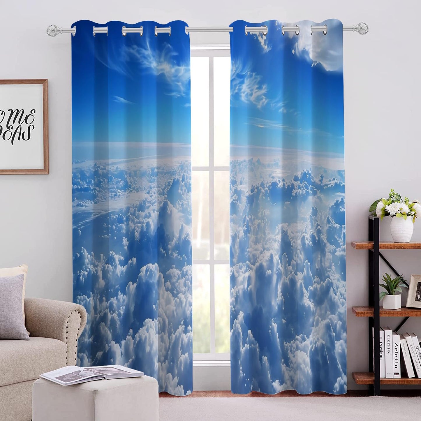 Vast Sky Scenery Blackout Window Curtain, Thick White Clouds 3D Print Curtain 2 Panels, Noise Reducing Darkening Top Grommet Drapes for Bedroom Living Room Kitchen(42" W x 63 "L)