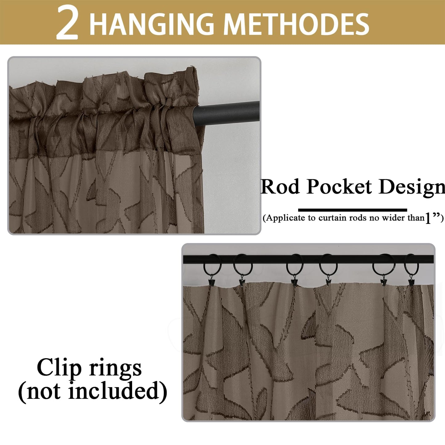 Gwine Chocolate Brown Curtains 84 Inches Long 2 Panels Set, Light Filtering Soft Lightweight Sheer Curtains, Leaf Clip Jacquard Textured Curtain for Bedroom Living Room, 42Wx84L Inches, 2PCS