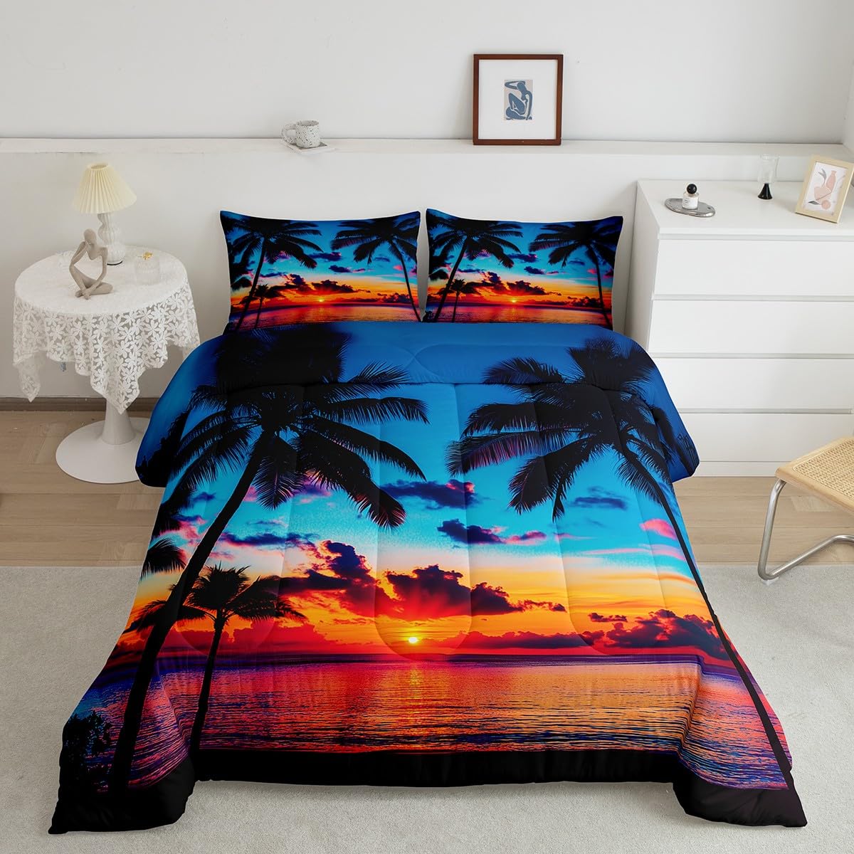 Feelyou Ocean Beach Themed Bedding Set Twin Size,Tropical Sunset Beach with Palm Trees Comforter Set,Peaceful Sea Marine Palm Tree Comforter Bright Hawaii Style Duvet Set 1 Comforter 1 Pillowcase